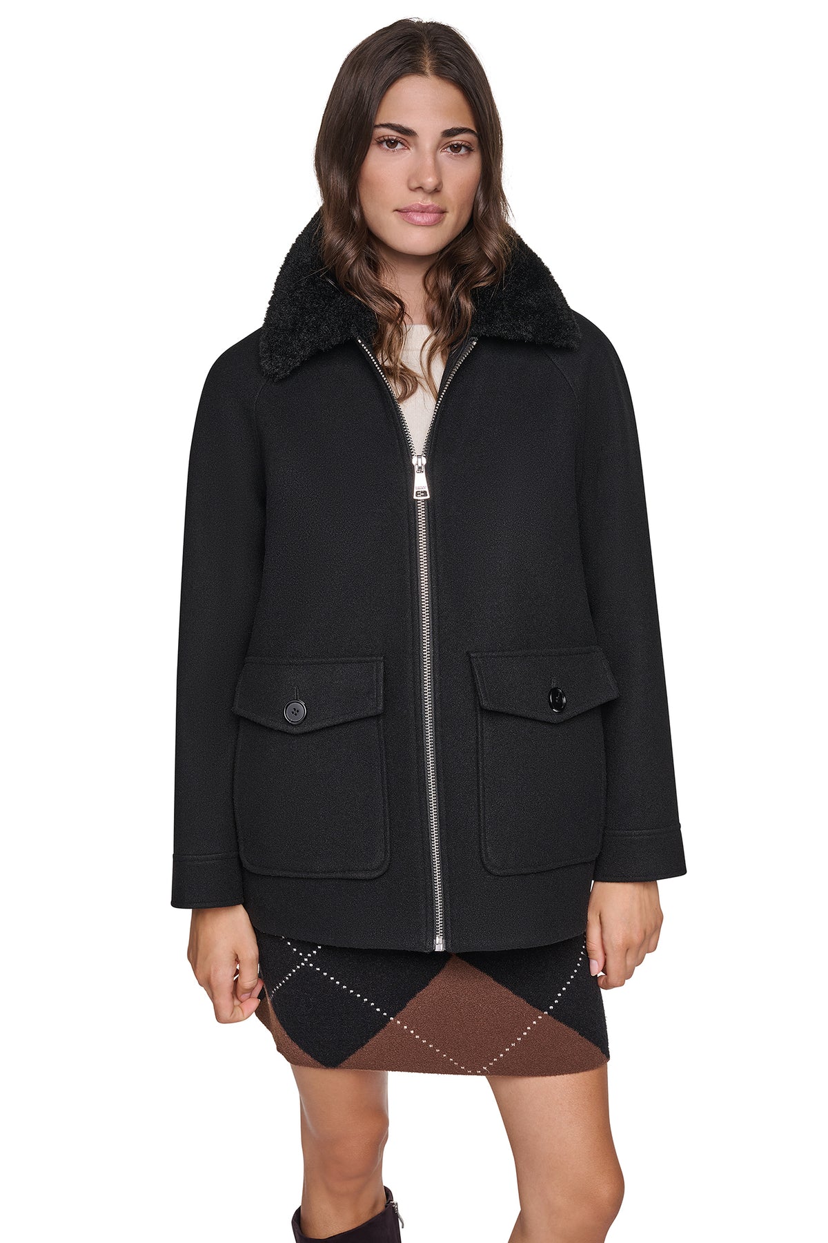 FRONT-ZIP FAUX FUR COLLAR COAT VIEW 1