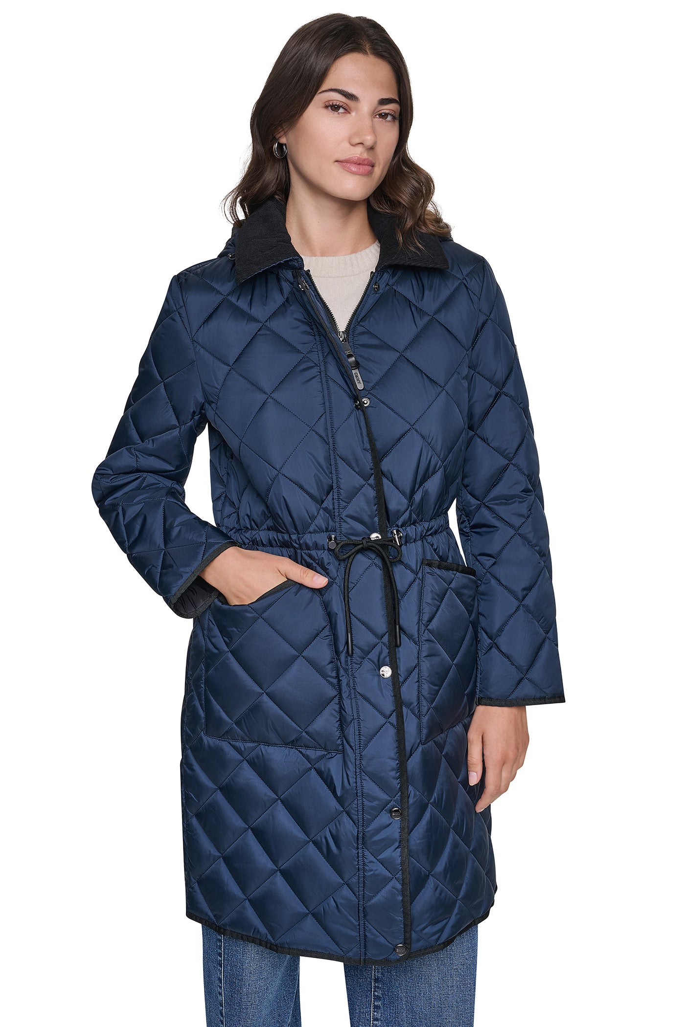 CORDUROY COLLAR HOODED QUILTED COAT VIEW 1