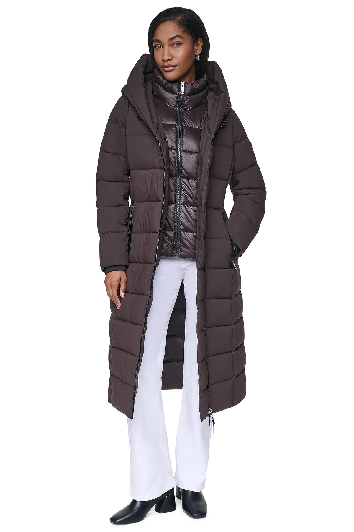 MAXI HOODED PUFFER COAT WITH INNER BIB VIEW 1