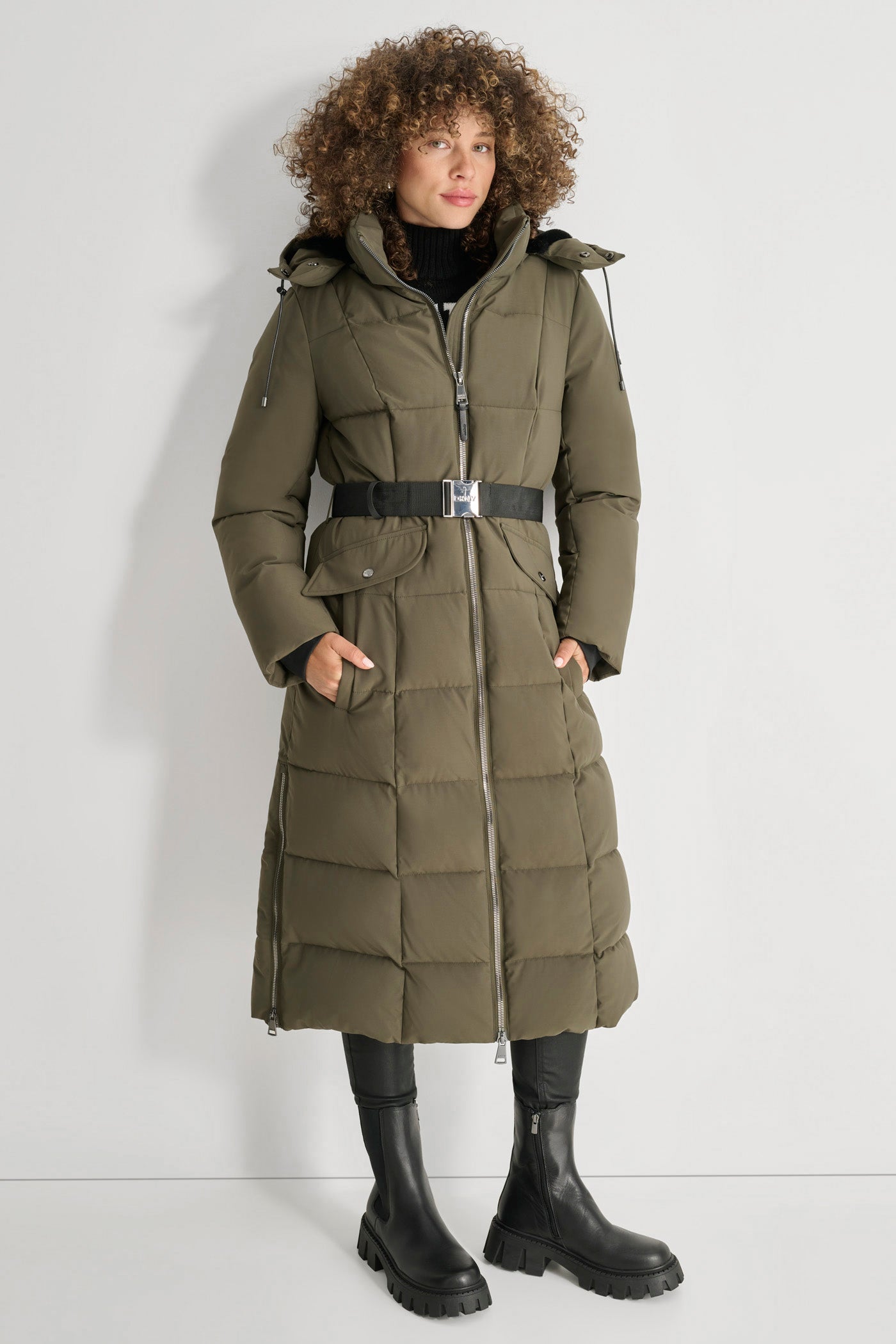 LODEN BOX QUILT LONG PUFFER WITH BELT, FRONT VIEW | WOMENS COATS & JACKETS