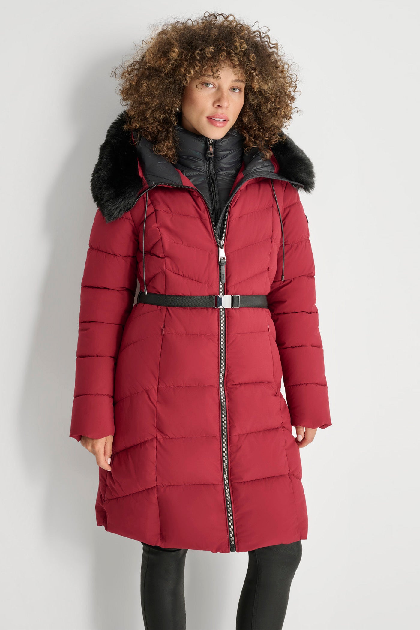 Tibetan BIBBED FAUX-FUR HOODED PUFFER, FRONT VIEW | WOMEN'S SWEATERS & TOPS