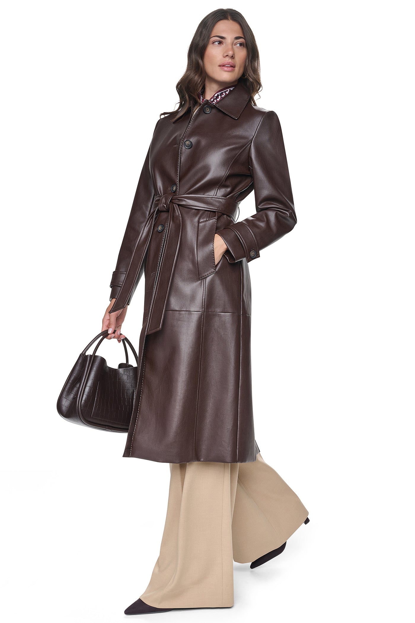 FAUX LEATHER BELTED LONG TRENCH VIEW 1