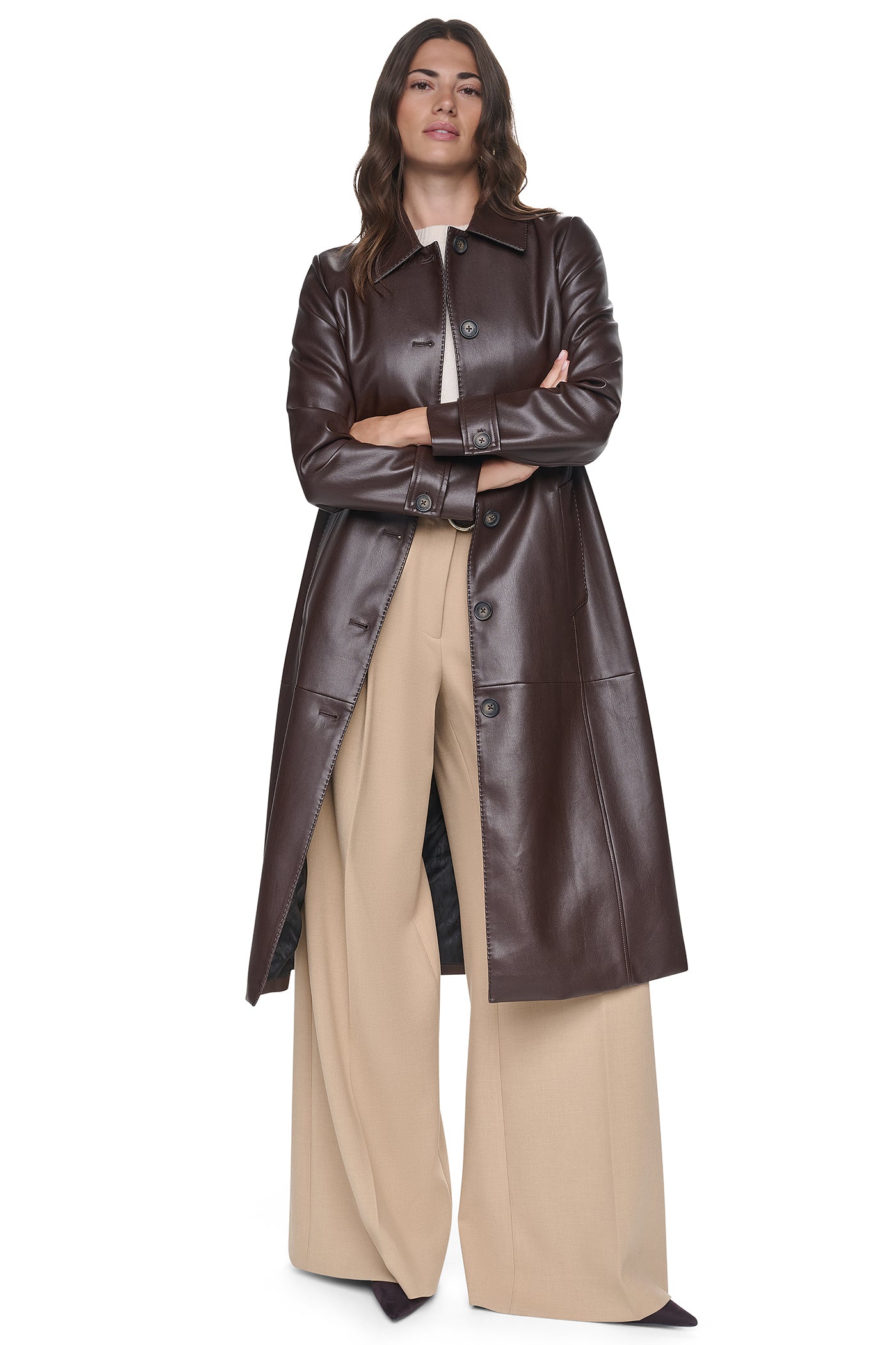 FAUX LEATHER BELTED LONG TRENCH VIEW 7