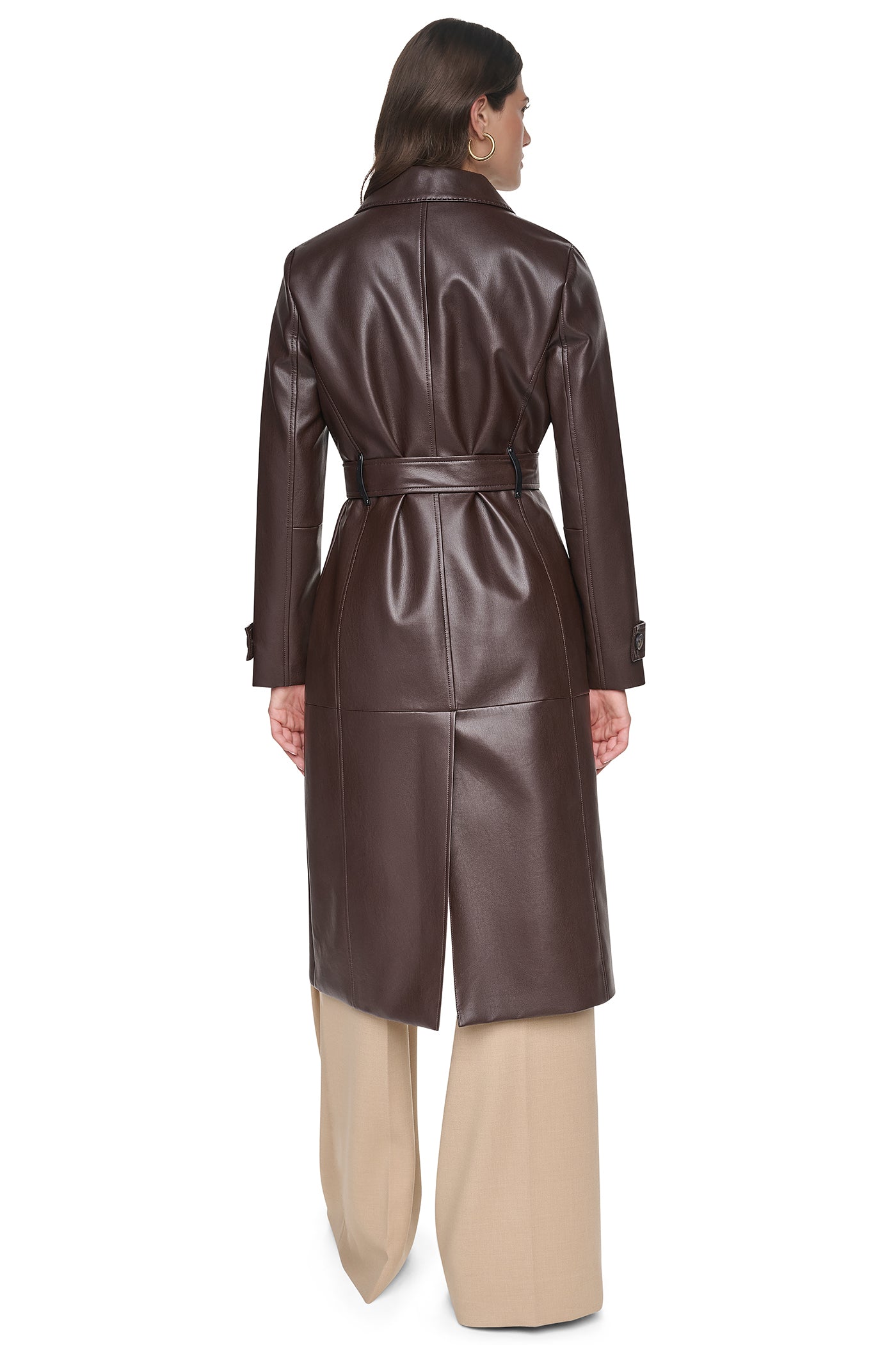 FAUX LEATHER BELTED LONG TRENCH VIEW 3