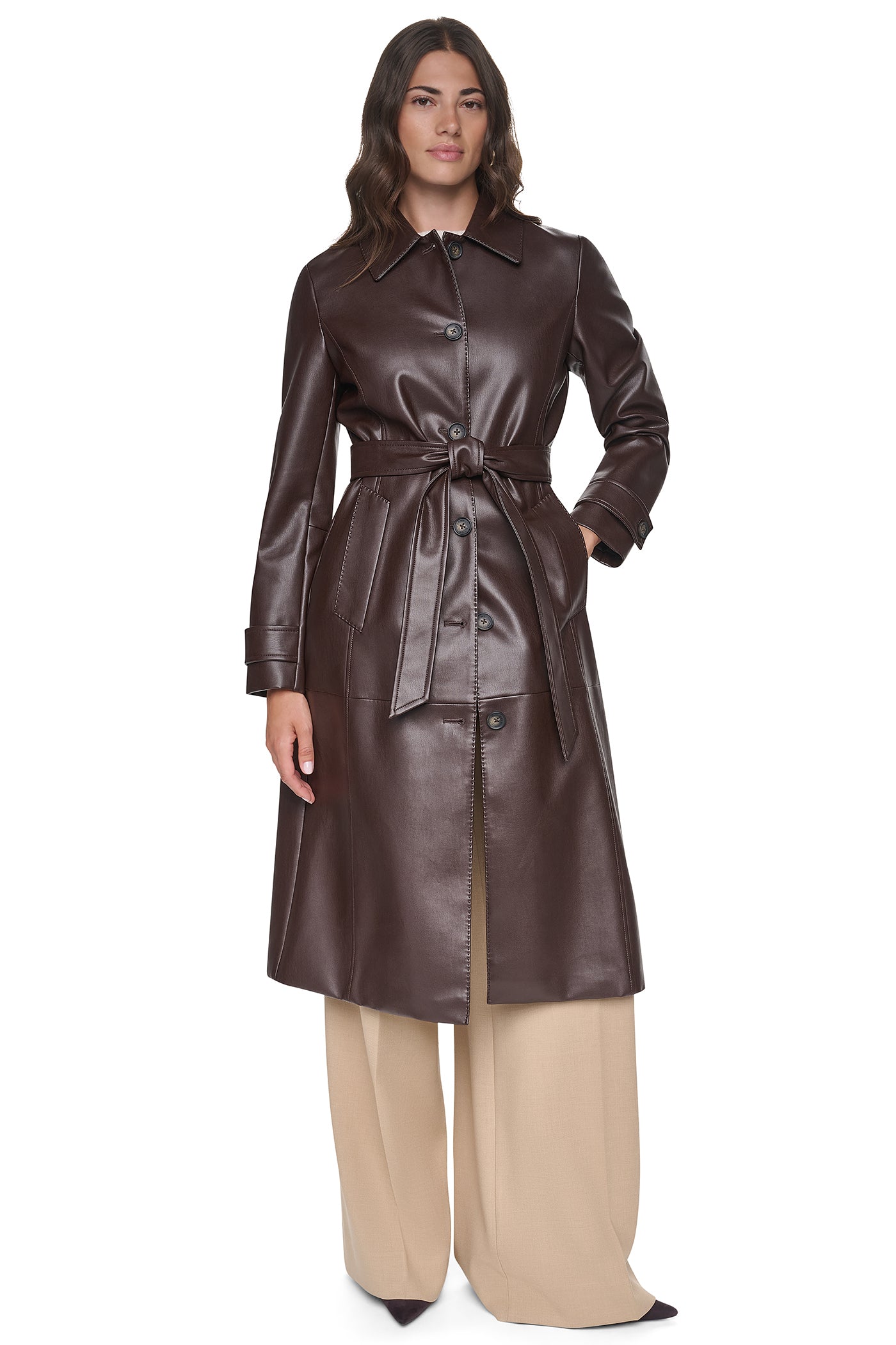 FAUX LEATHER BELTED LONG TRENCH VIEW 5