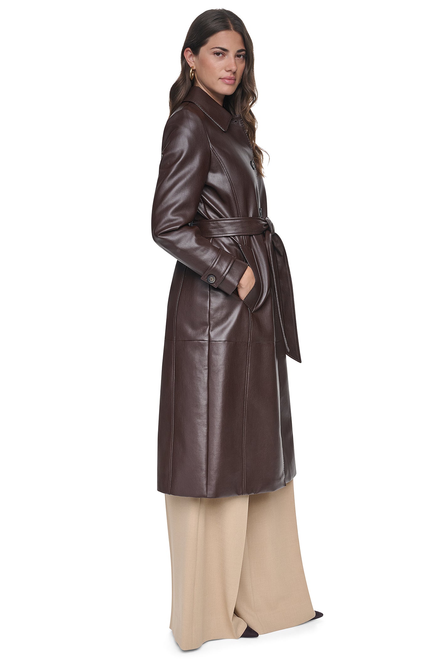 FAUX LEATHER BELTED LONG TRENCH VIEW 4