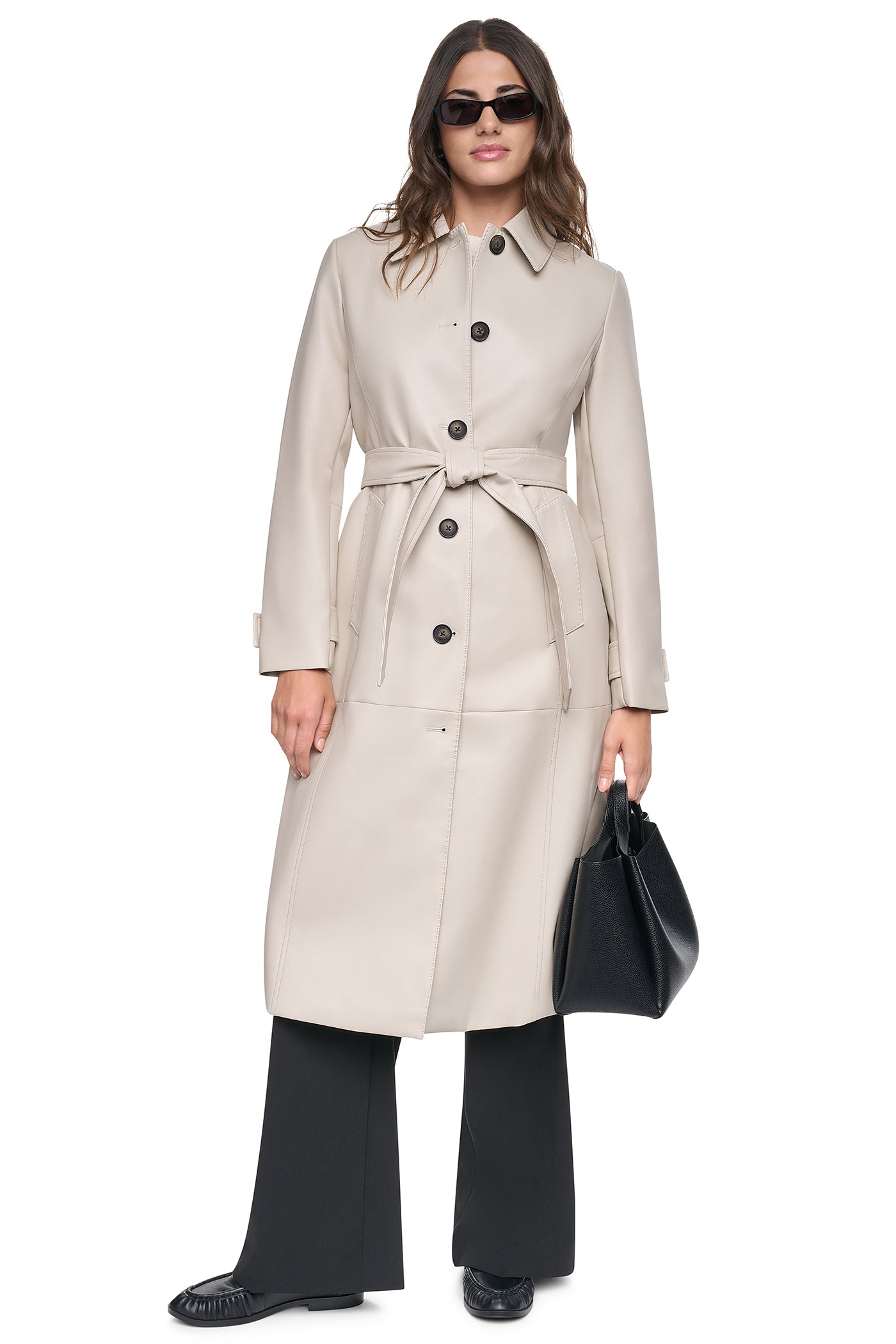 FAUX LEATHER BELTED LONG TRENCH VIEW 8