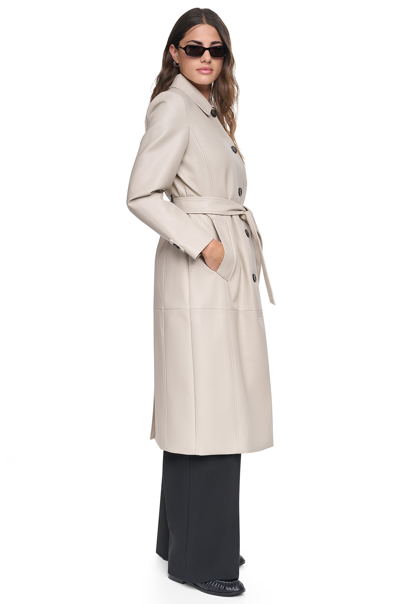 FAUX LEATHER BELTED LONG TRENCH VIEW 4