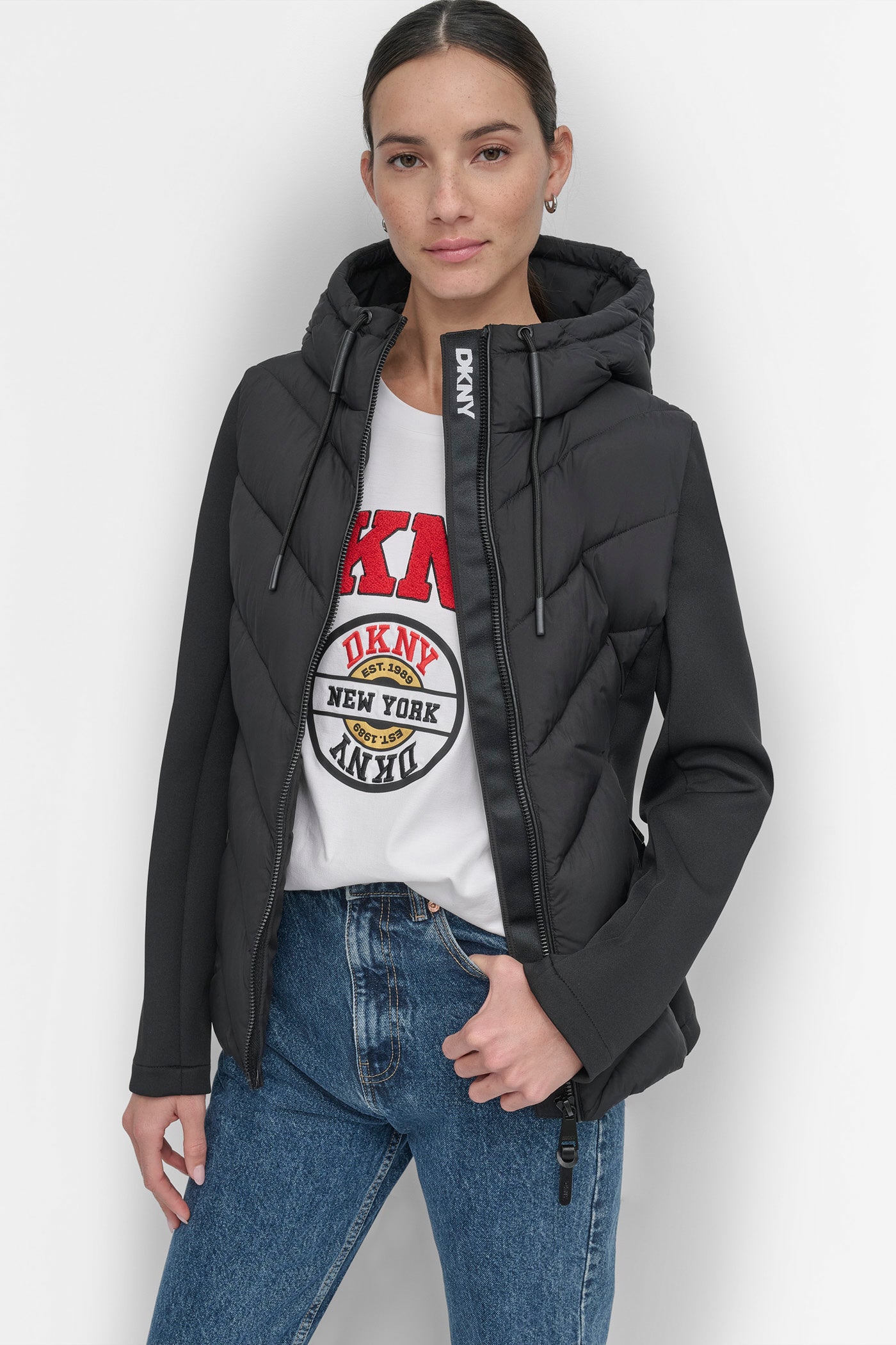Black MIXED MEDIA LIGHT WEIGHT PUFFER, VIEW 1 | Jackets & Blazers