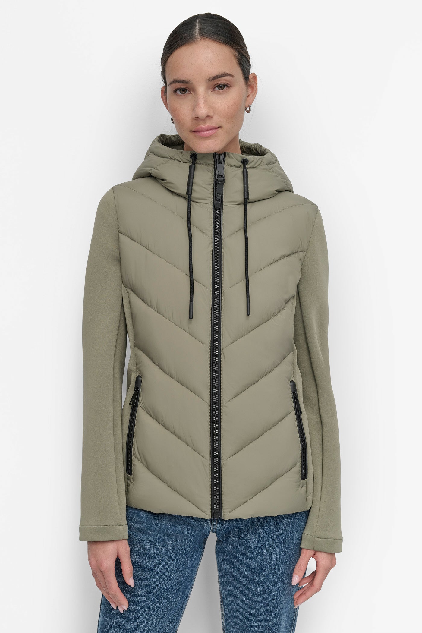 Green MIXED MEDIA LIGHT WEIGHT PUFFER, FRONT VIEW | Not Clearance or Preorder