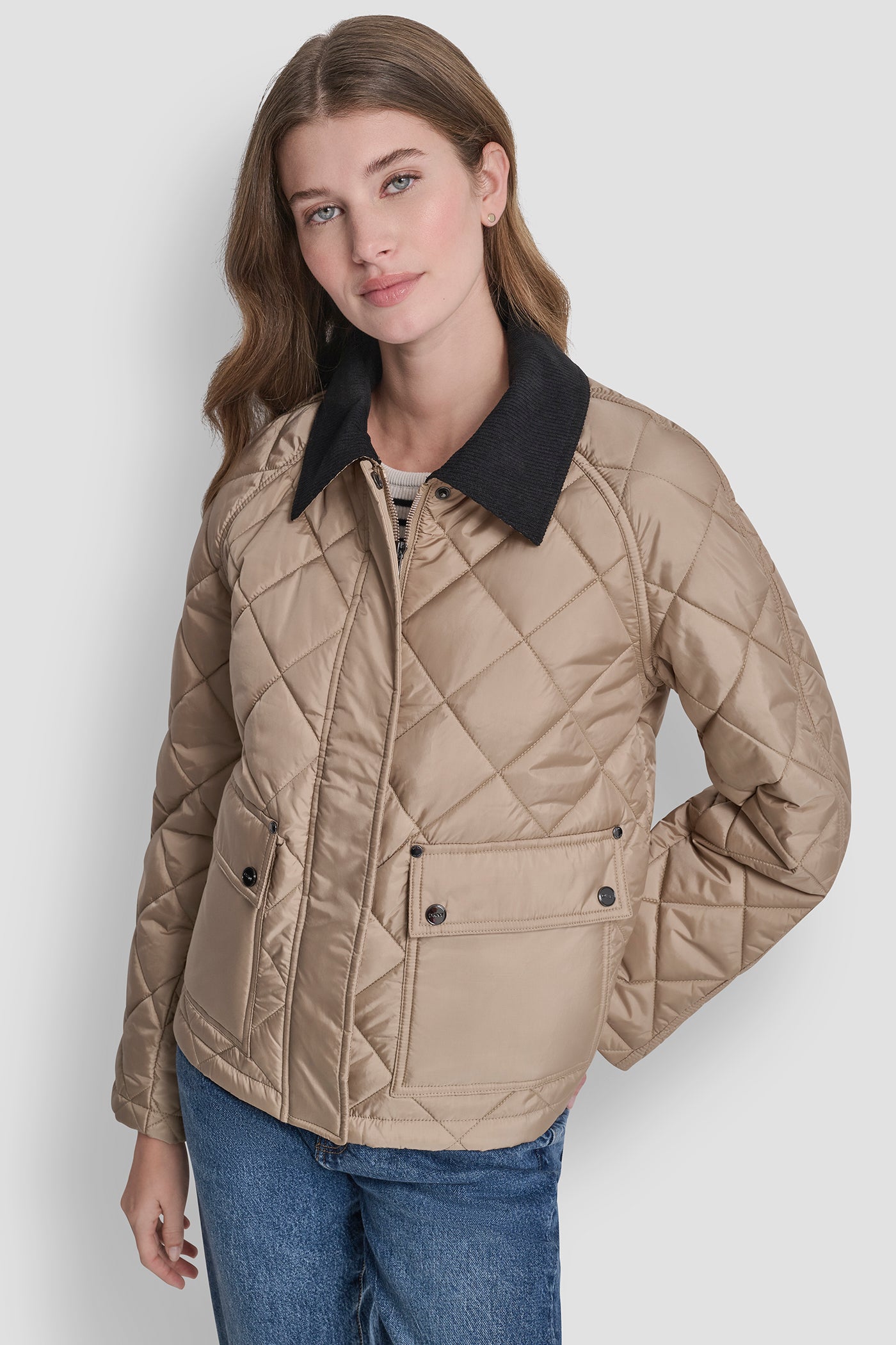 Khaki QULITED JACKET WITH CONTRAST COLLAR, FRONT VIEW | WOMENS COATS & JACKETS