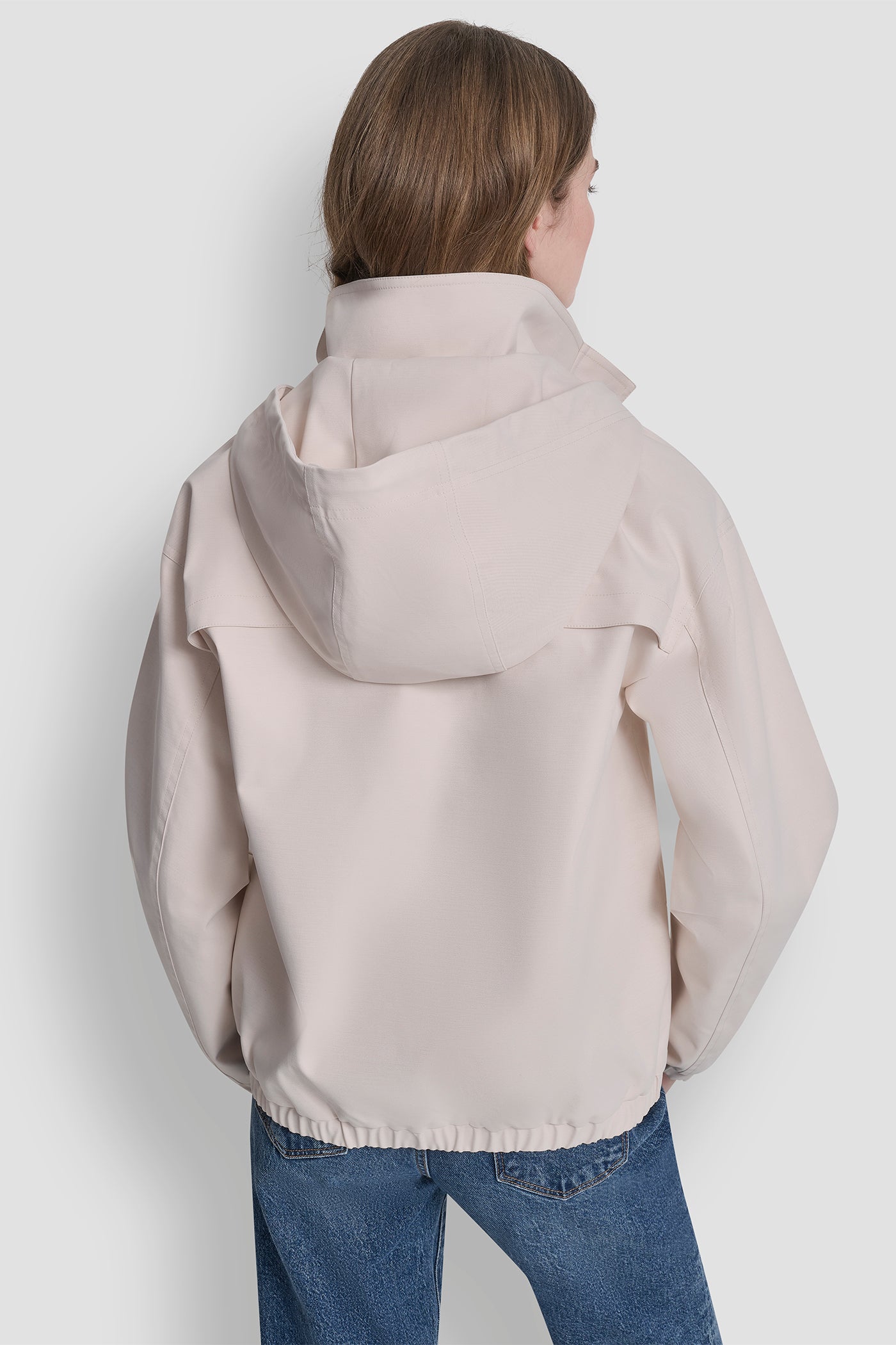 Parchment HIGH COLLAR BOMBER JACKET WITH HOOD, BACK VIEW | WOMENS COATS & JACKETS