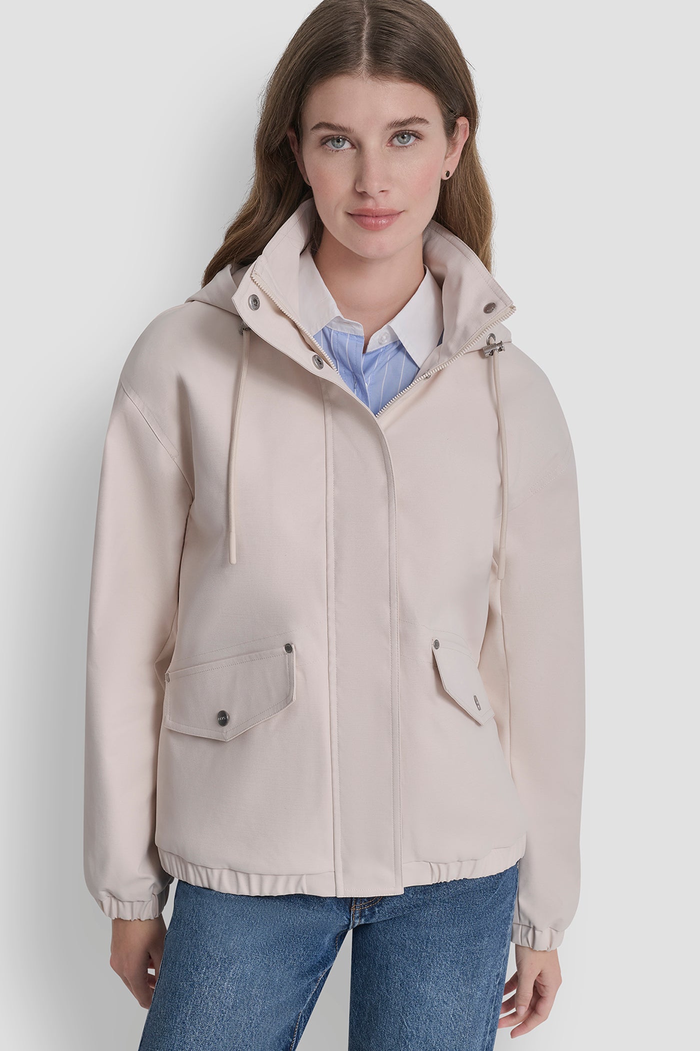 Parchment HIGH COLLAR BOMBER JACKET WITH HOOD, FRONT VIEW | WOMENS COATS & JACKETS