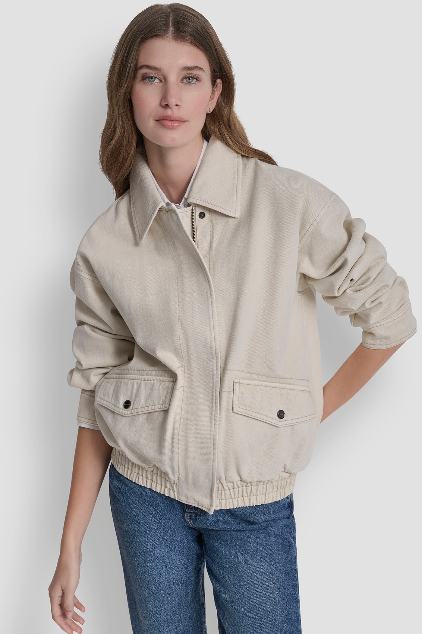 Parchment COLLARED FULL ZIP BOMBER JACKET, FRONT VIEW | WOMENS COATS & JACKETS