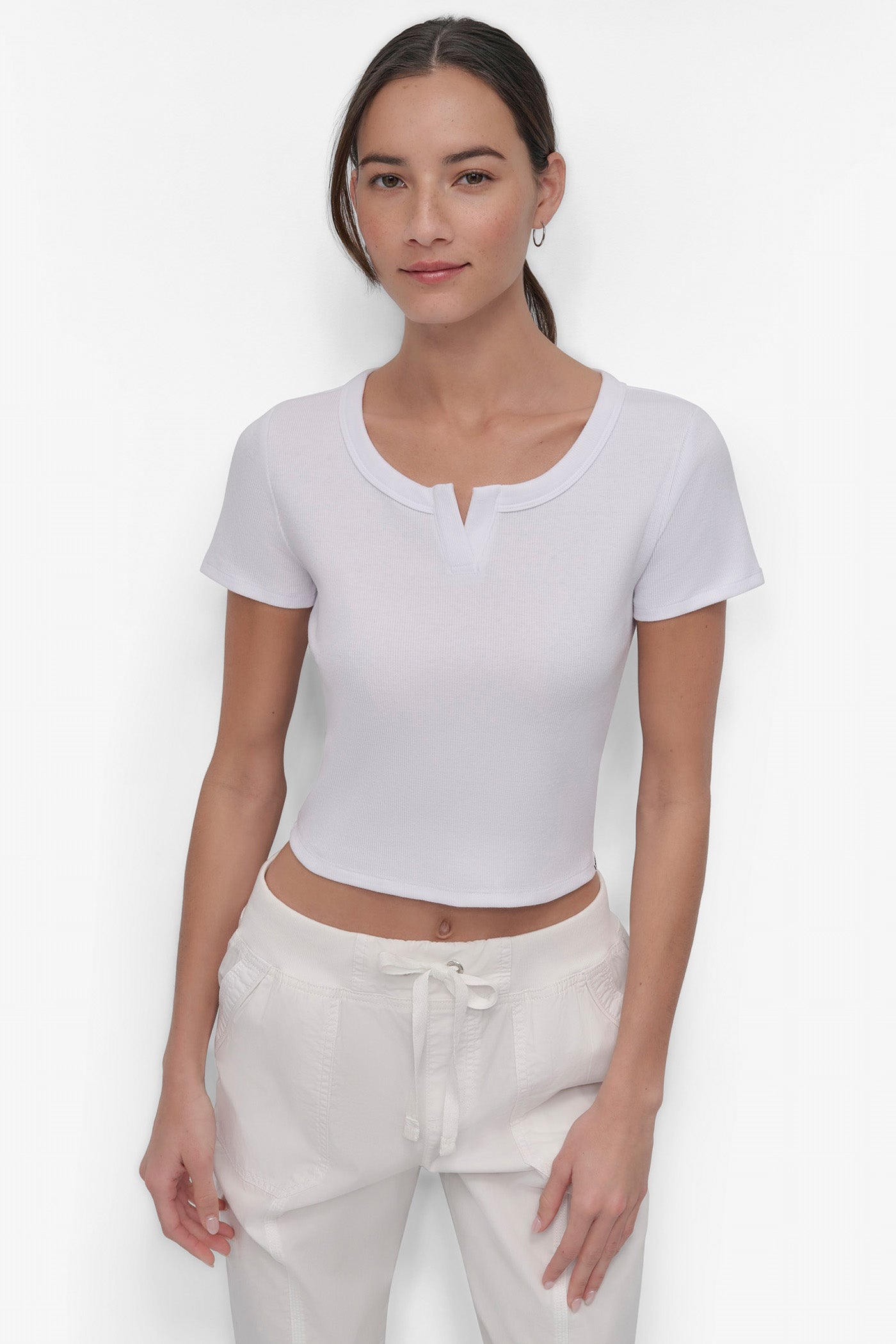 White CROPPED NOTCH NECK PERFORMANCE TEE, FRONT VIEW | SALE TOPS AND SWEATERS
