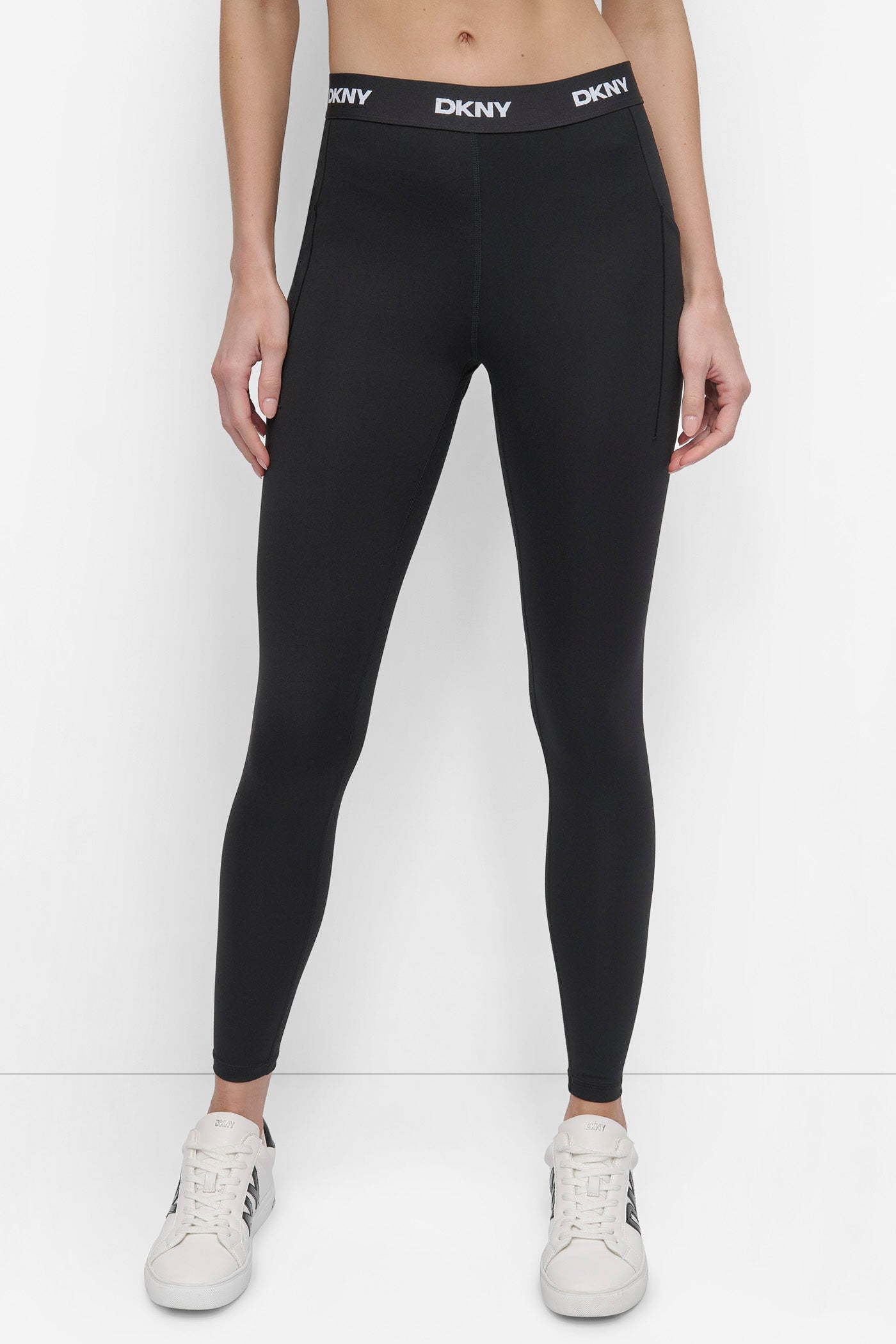 Black MID-RISE LOGO WAIST COMPRESSION LEGGING, FRONT VIEW | Leggings