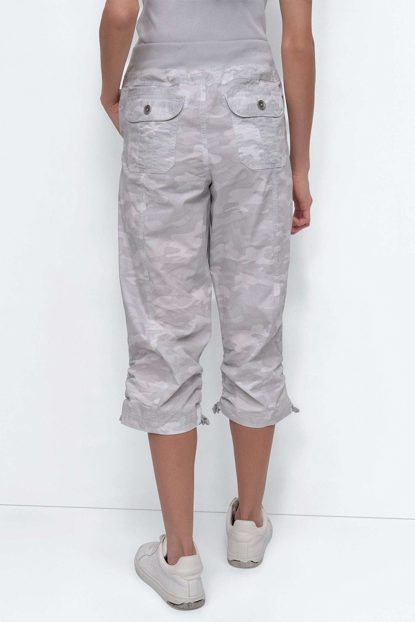 CAMO VAPOR GREY HIGH-RISE SHIRRED UTILITY CAPRI PANT, BACK VIEW | Pants & Denim