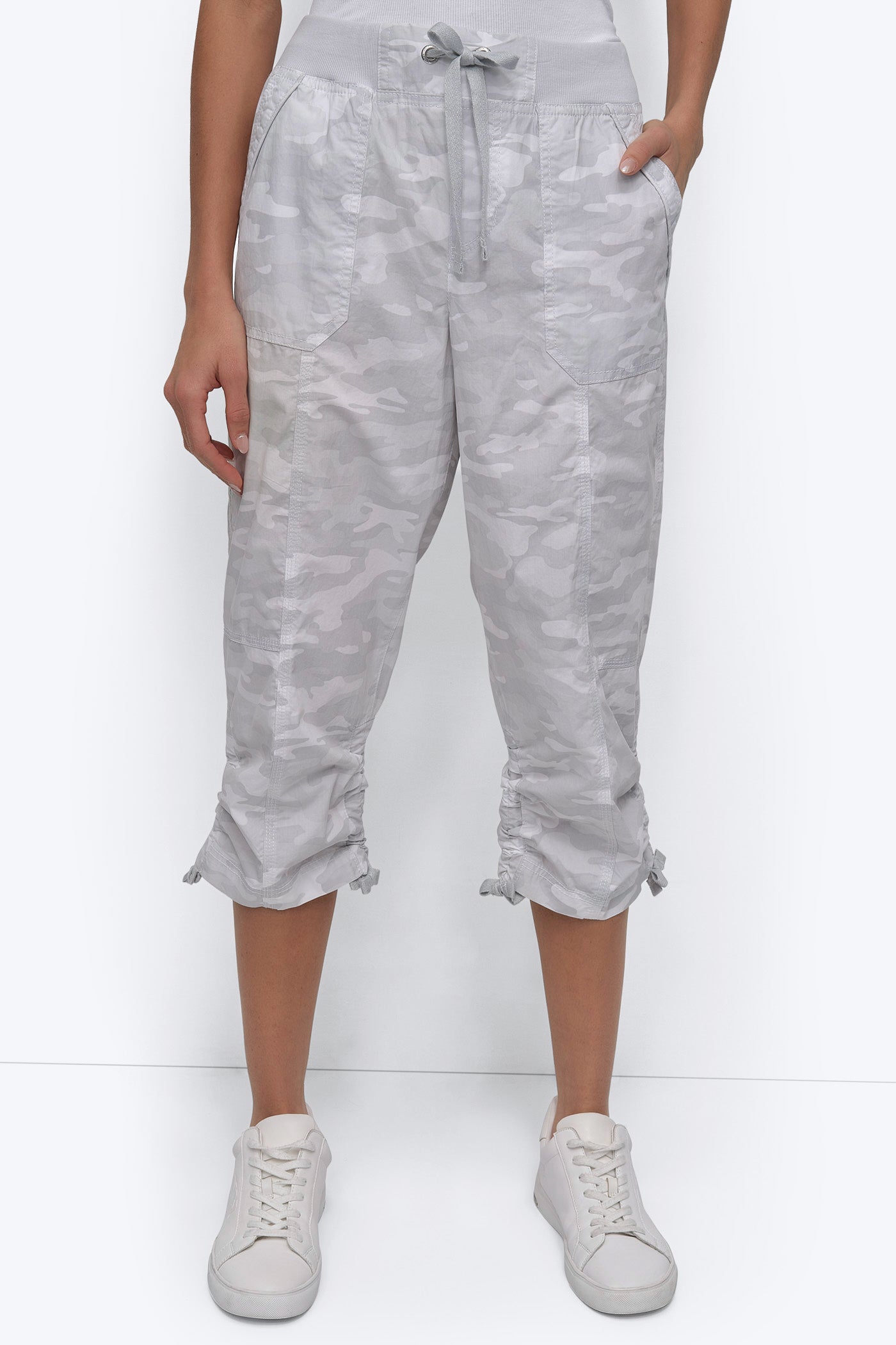 CAMO VAPOR GREY HIGH-RISE SHIRRED UTILITY CAPRI PANT, FRONT VIEW | Pants & Denim
