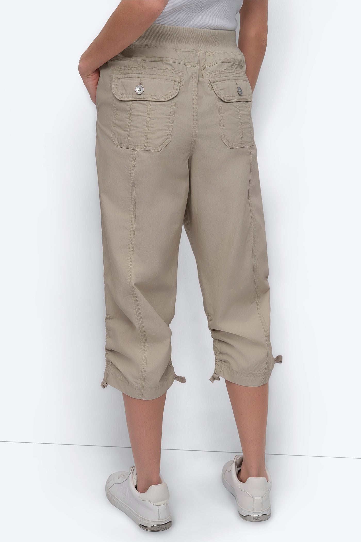 PEBBLE HIGH-RISE SHIRRED UTILITY CAPRI PANT, BACK VIEW | Pants & Denim