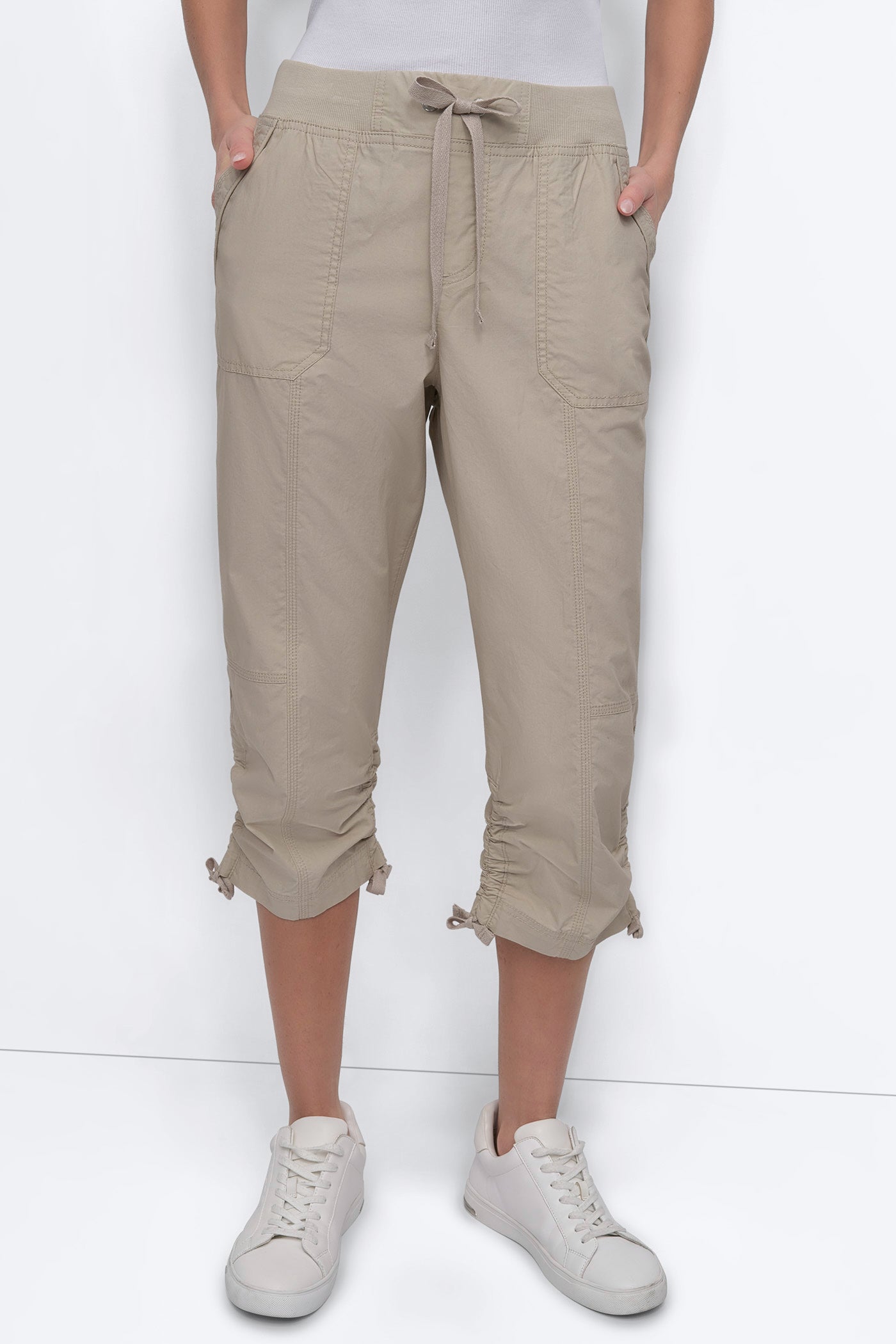 PEBBLE HIGH-RISE SHIRRED UTILITY CAPRI PANT, FRONT VIEW | Pants & Denim