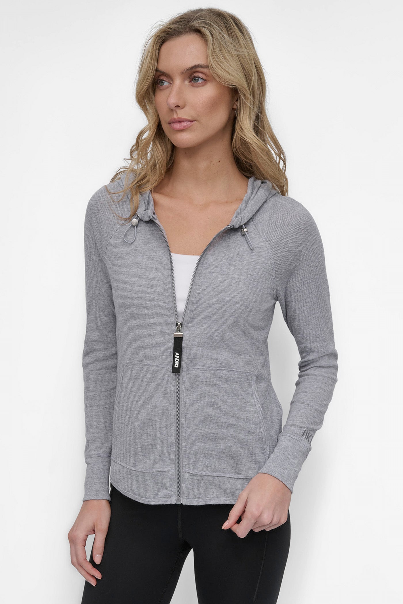 PEARL HEATHER GREY SLUB WAFFLE KNIT HOODIE, FRONT VIEW | Sweatshirts & Joggers