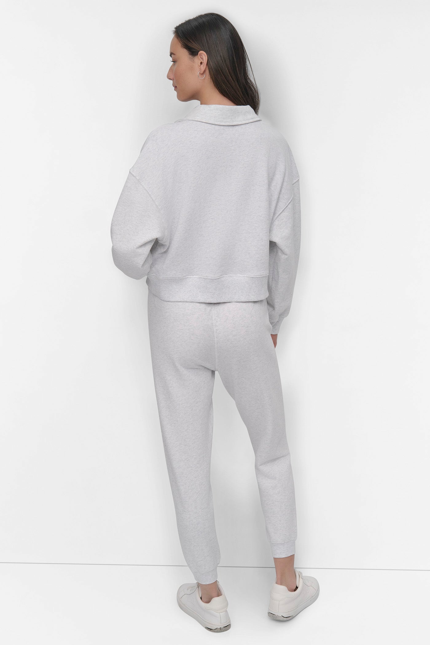 OPTIC HEATHER CROPPED VARSITY LOGO POLO SWEATSHIRT, BACK VIEW | DKNY Sport