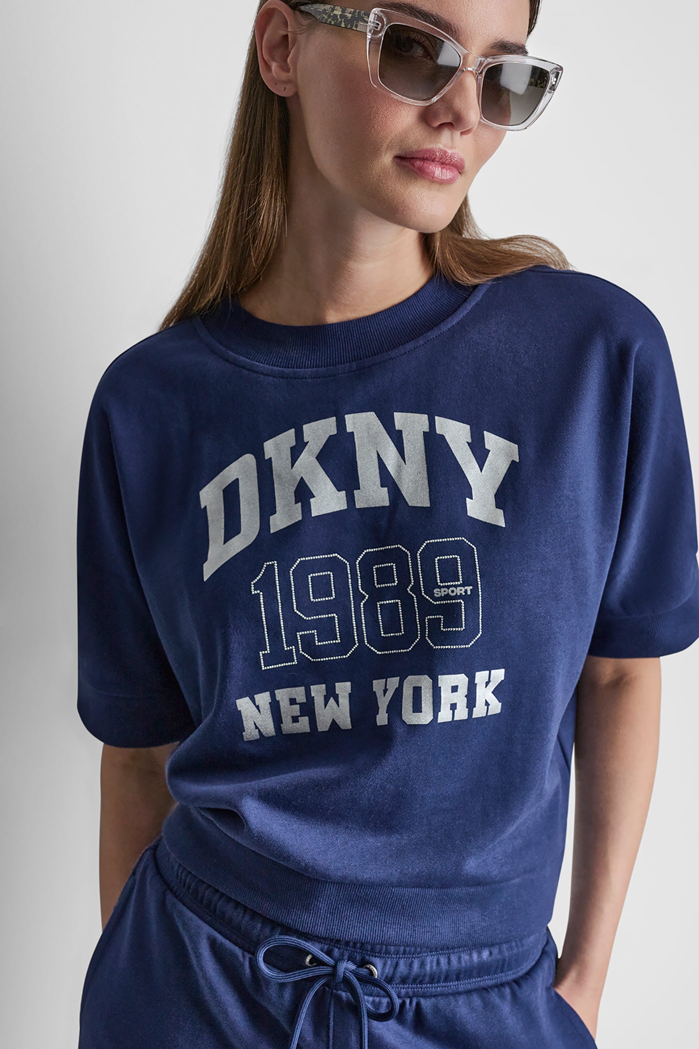 Peacoat COTTON-BLEND TERRY SHORT SLEEVE LOGO HIGH-LOW TEE, VIEW 1 | New Arrivals