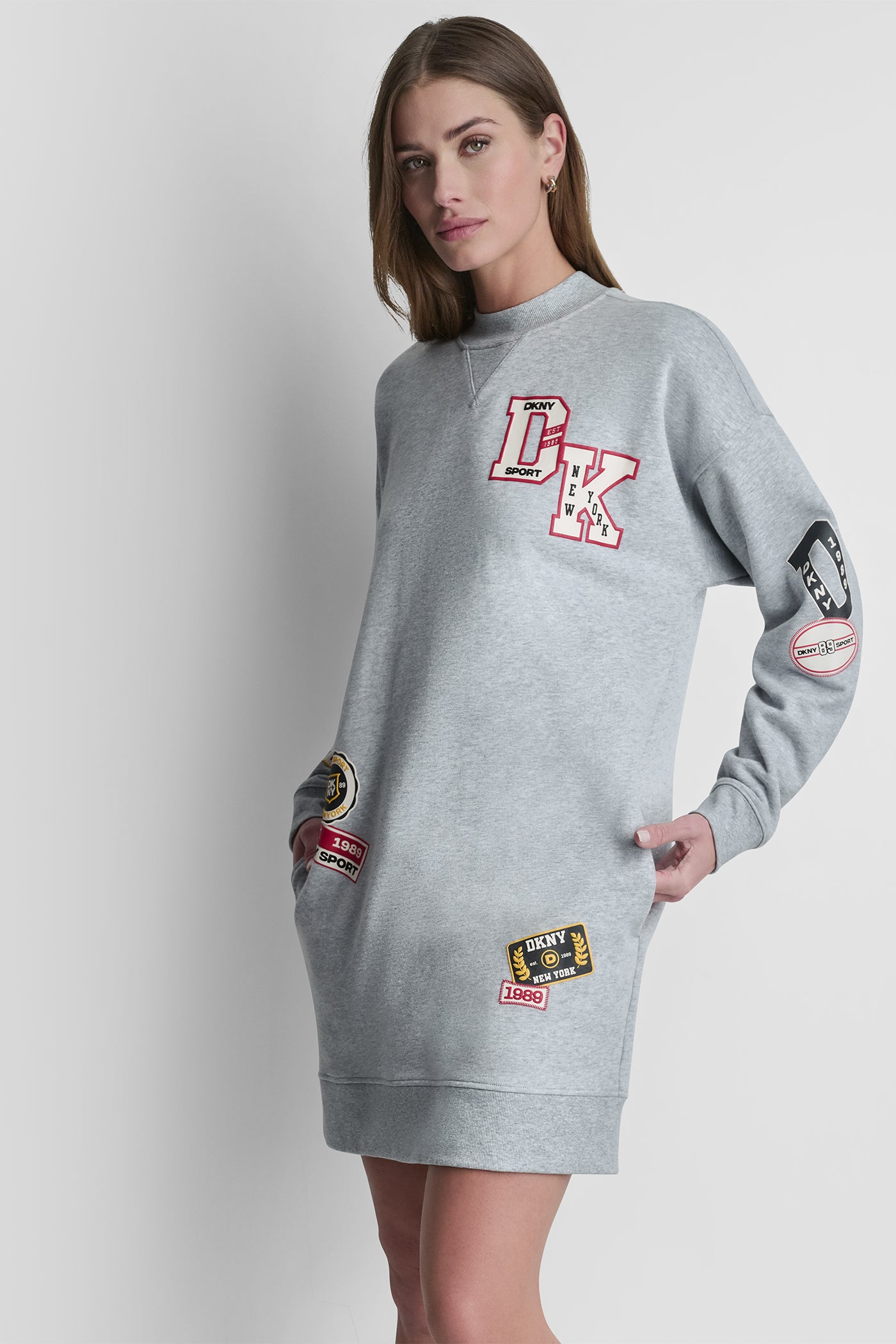 Pearl Grey Heather CAMPUS PATCH LONG SLEEVE SNEAKER DRESS, VIEW 2 | Dresses Under $100