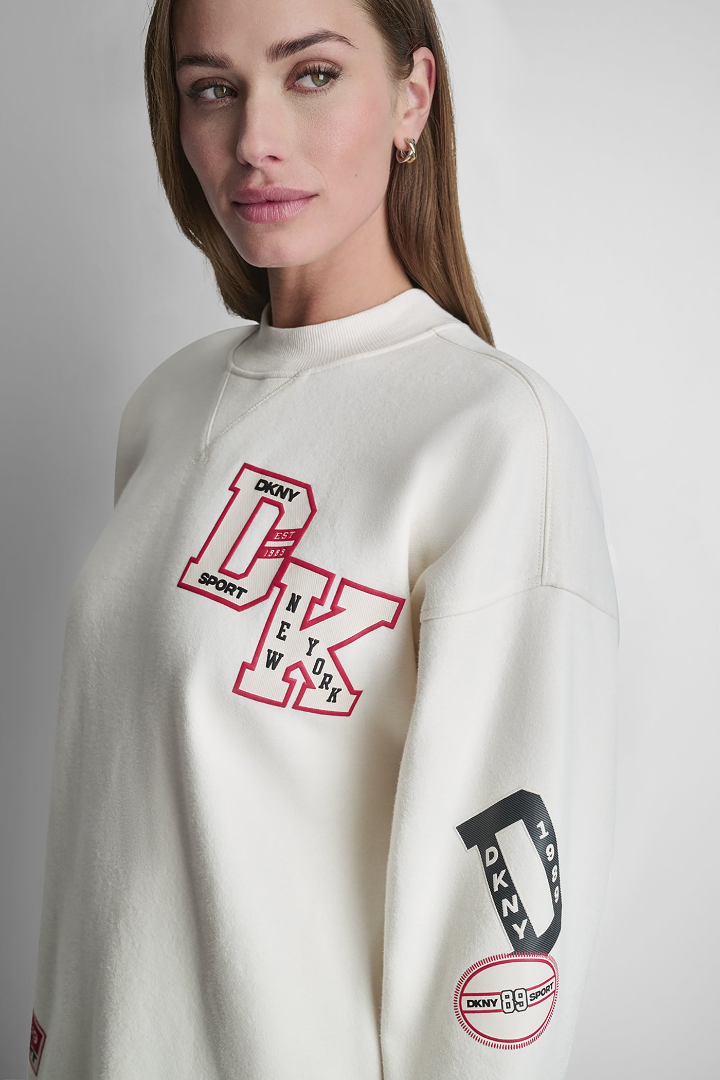 Egg Nog CAMPUS PATCH LONG SLEEVE SNEAKER DRESS, VIEW 2 | Dresses Under $100