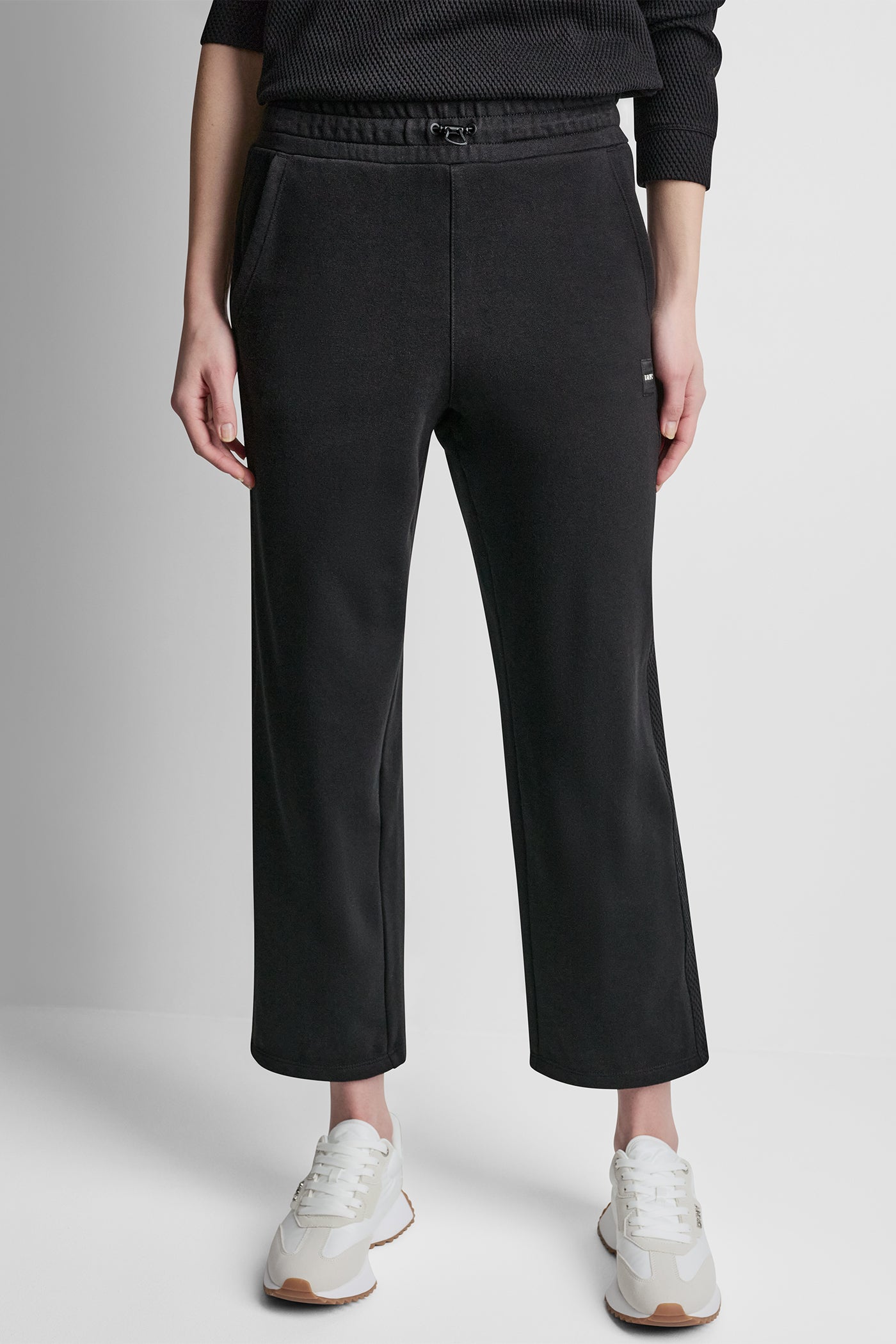Black JACQUARD MIX HIGH-RISE ANKLE PANT, FRONT VIEW | DKNY Sport