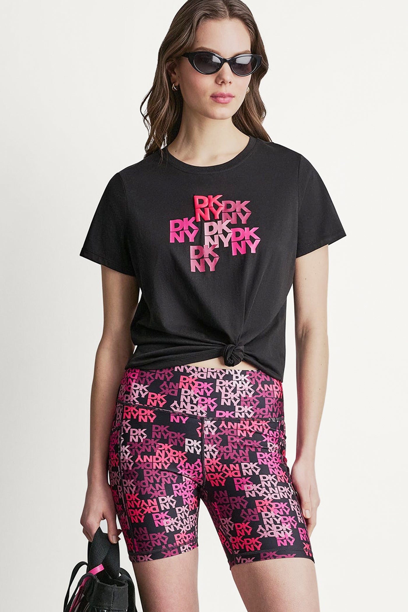 Black DKNY CAMO MIXED MEDIA LOGO TEE, VIEW 1 | Tees & Tanks