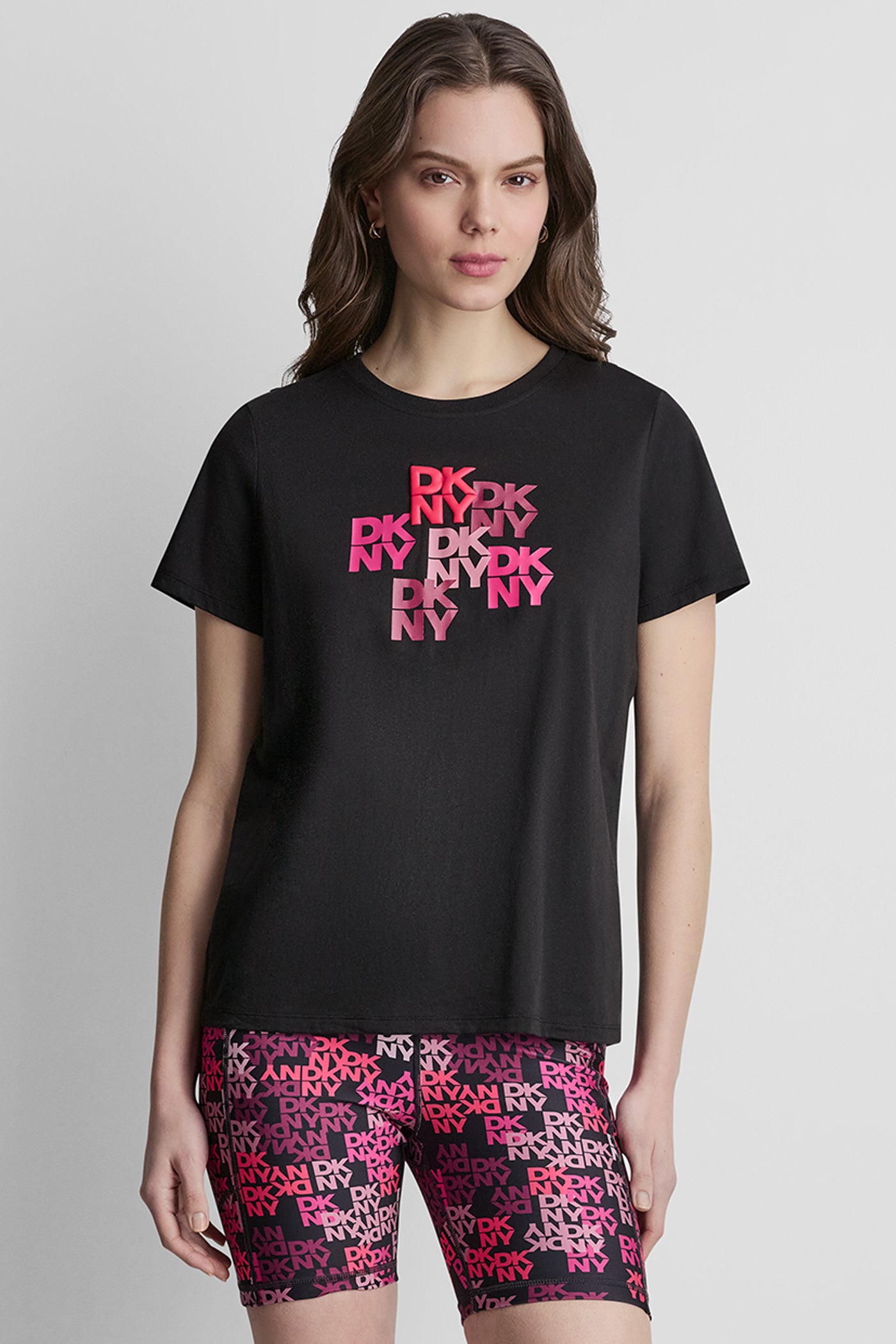 Black DKNY CAMO MIXED MEDIA LOGO TEE, VIEW 1 | DKNY Sport