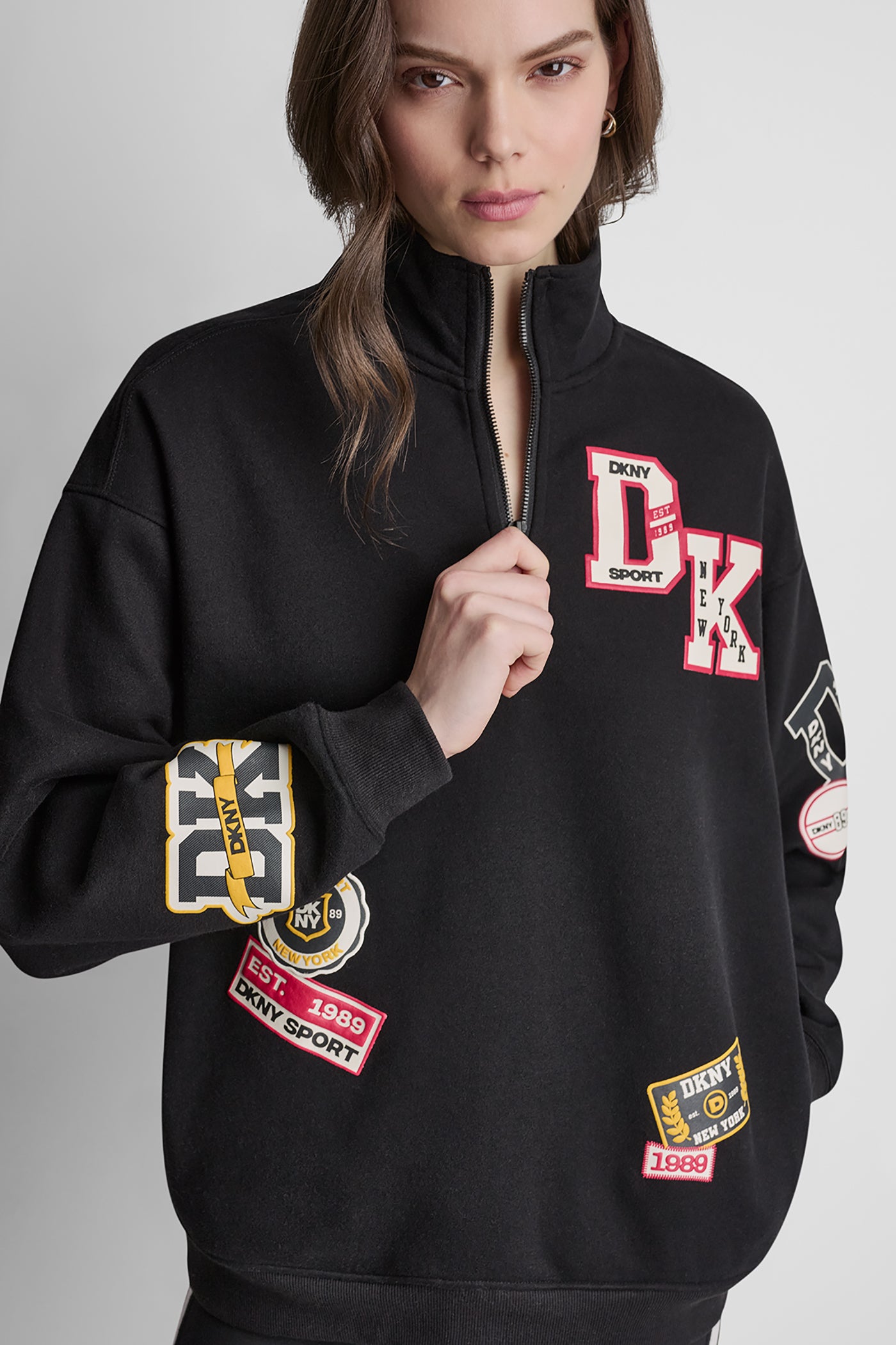 Black CAMPUS PATCH OVERSIZED QUARTER-ZIP, VIEW 1 | Summer Collection