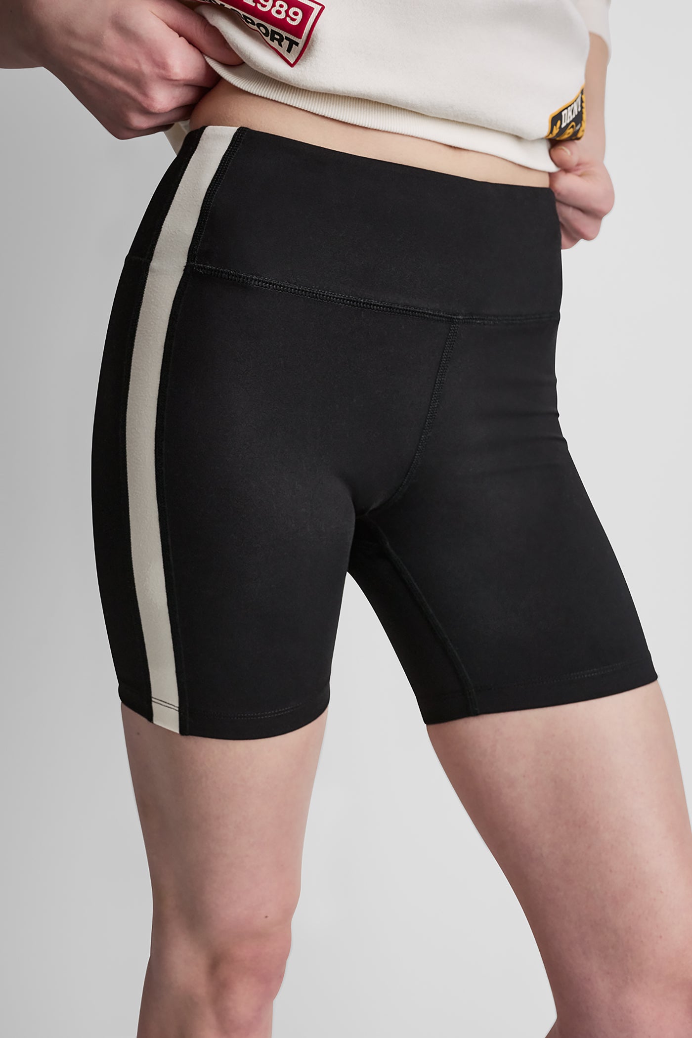 Black/Eggnog BALANCE COMPRESSION SIDE STRIPE BIKER SHORT, VIEW 1 | Shorts