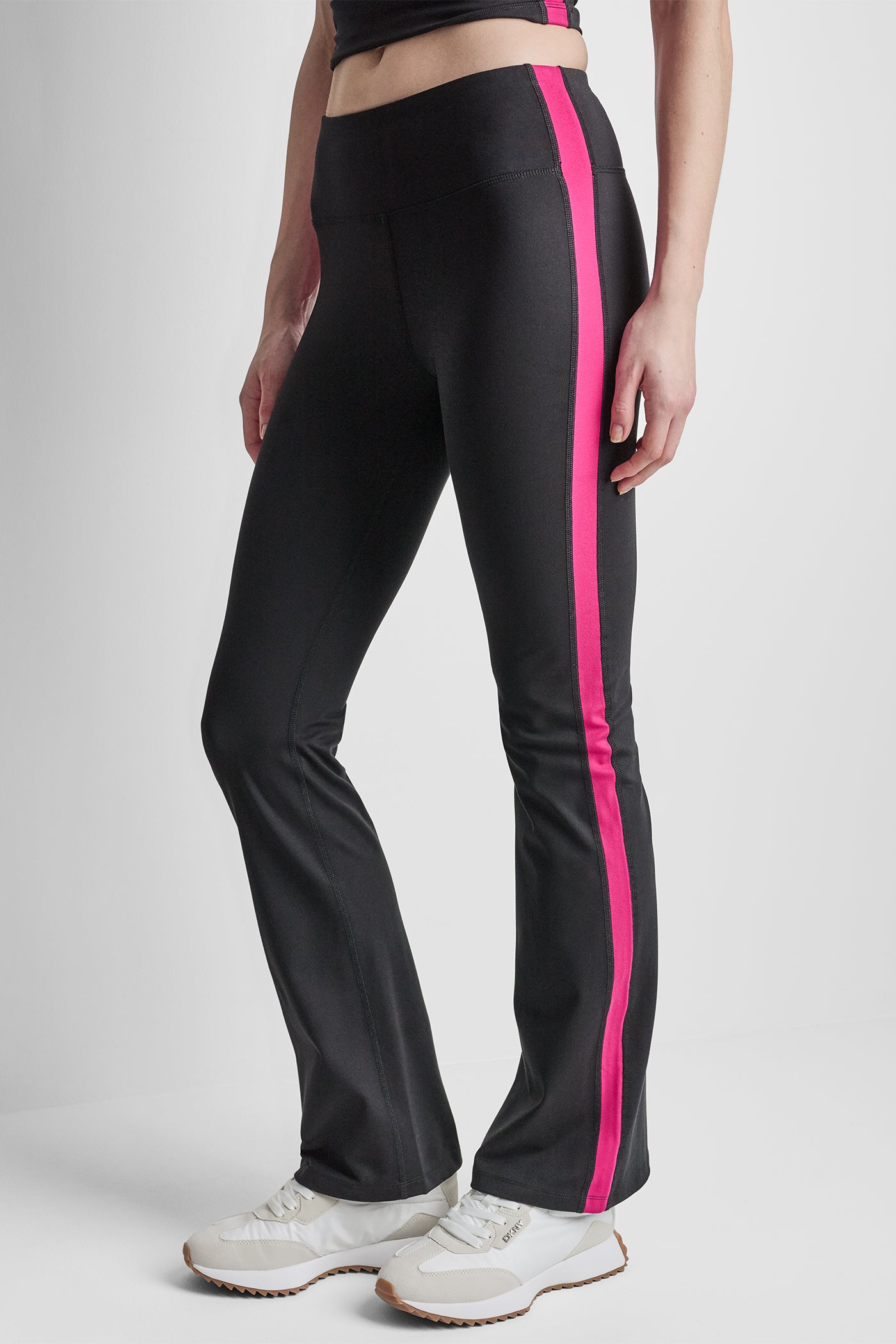 Black/Festive Pink BALANCE COMPRESSION SIDE STRIPE FLARE LEGGING, VIEW 2 | DKNY Sport