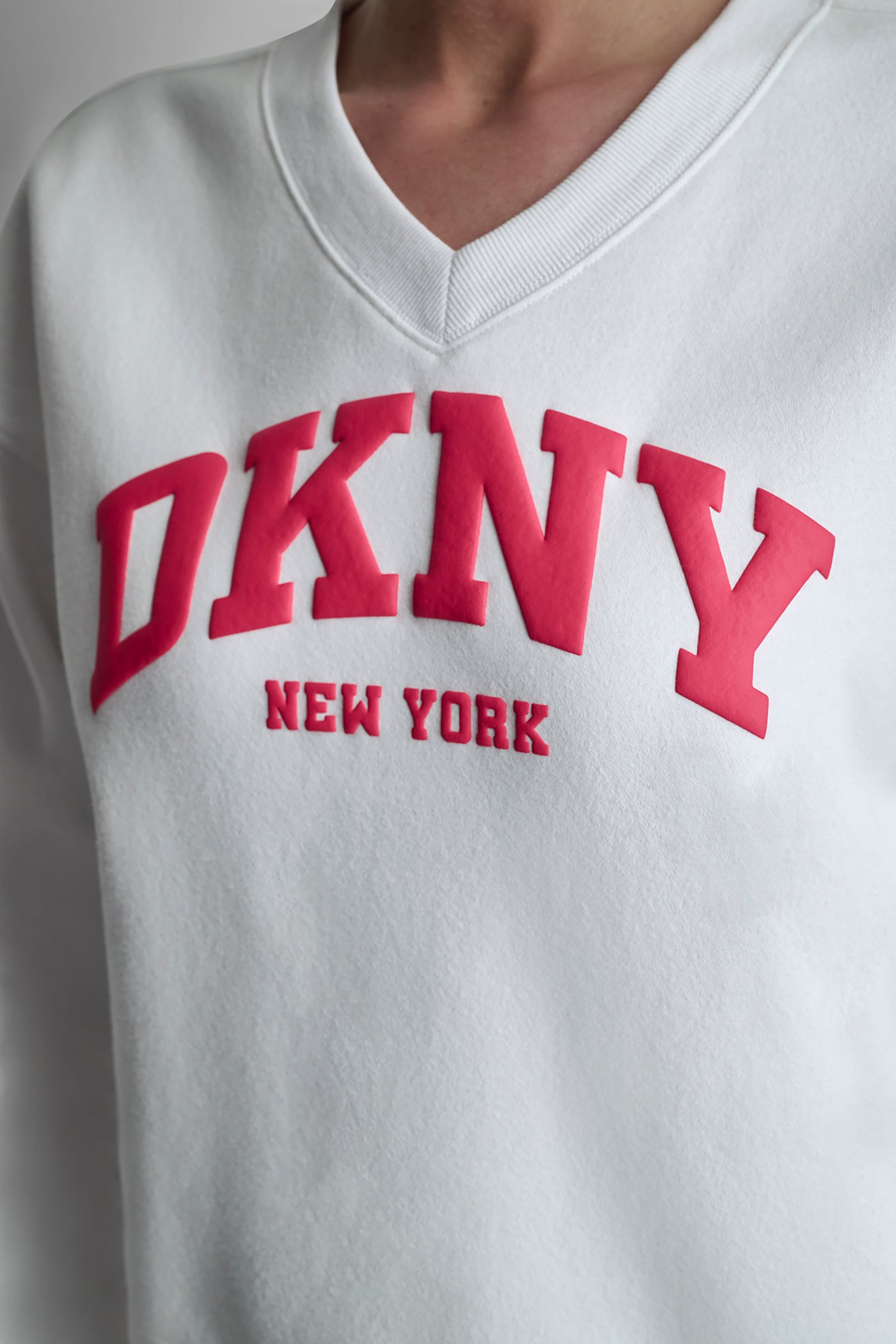 White/Punch PUFF VARSITY LOGO V-NECK PULLOVER, BACK VIEW | DKNY Promo