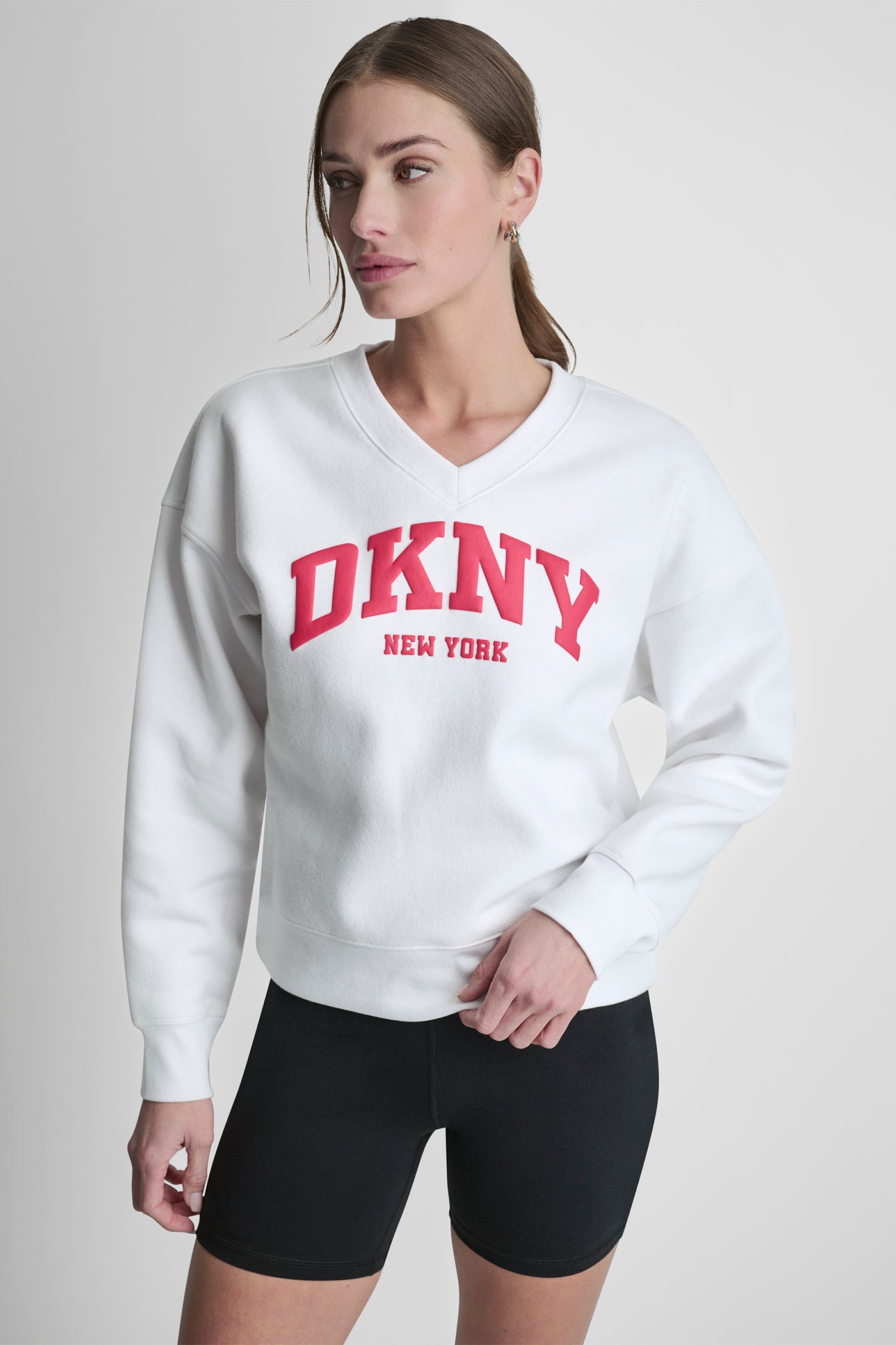 White/Punch PUFF VARSITY LOGO V-NECK PULLOVER, FRONT VIEW | DKNY Promo