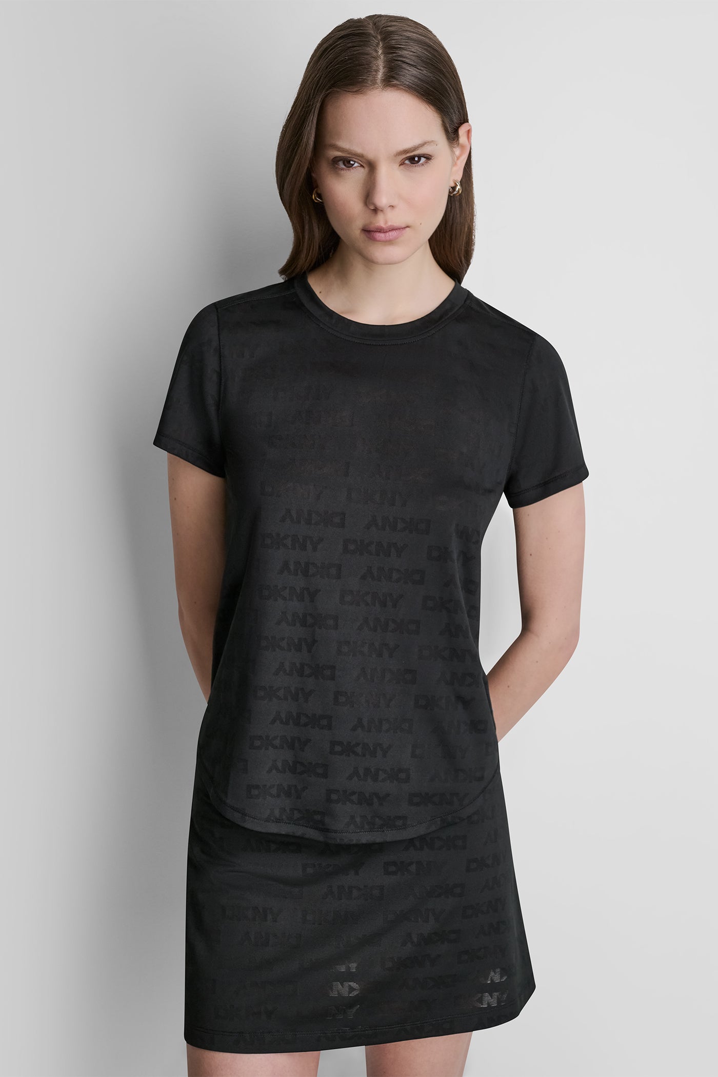 Black LOGO JACQUARD CREW NECK TEE, FRONT VIEW | DKNY Sport