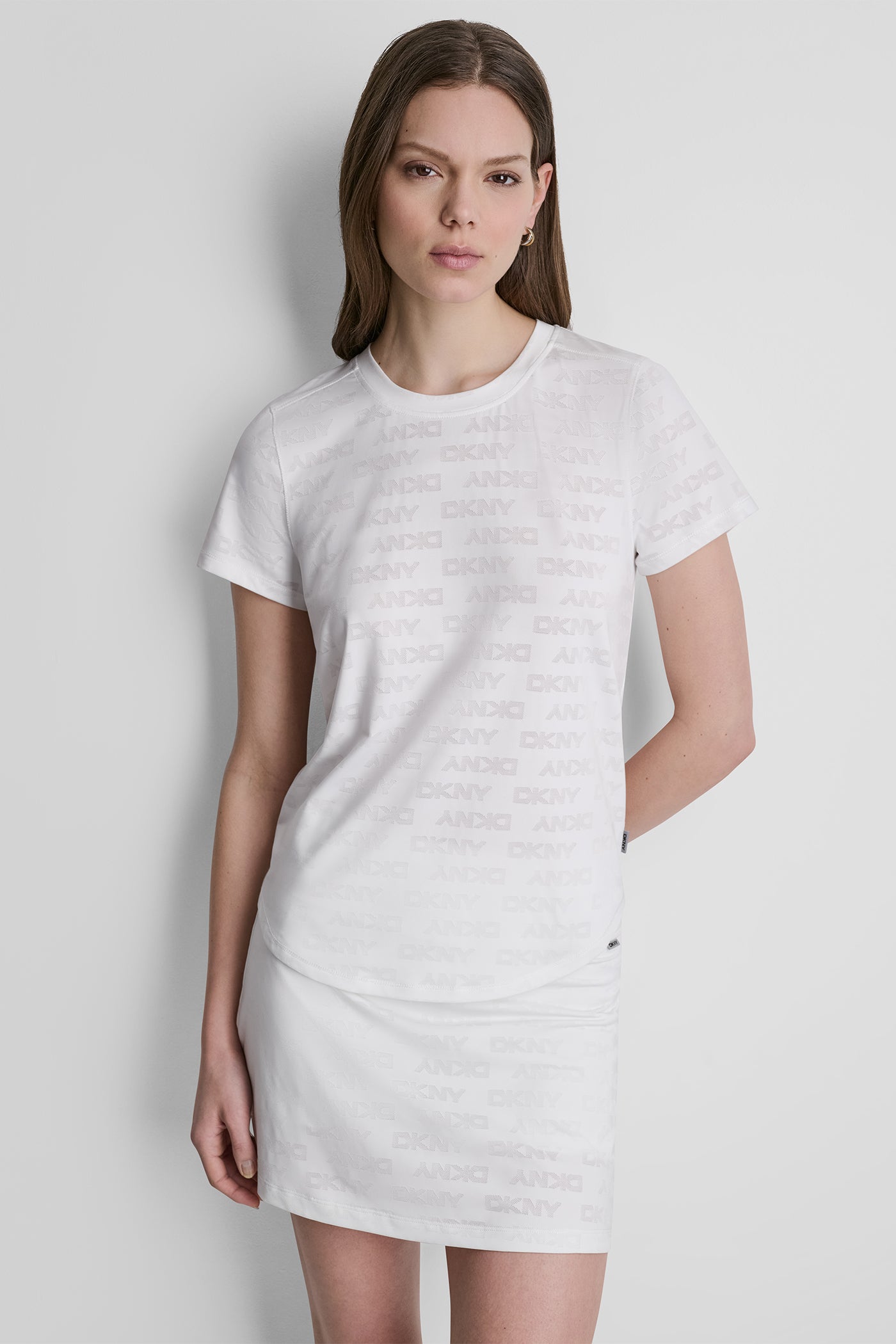 White LOGO JACQUARD CREW NECK TEE, FRONT VIEW | DKNY Sport