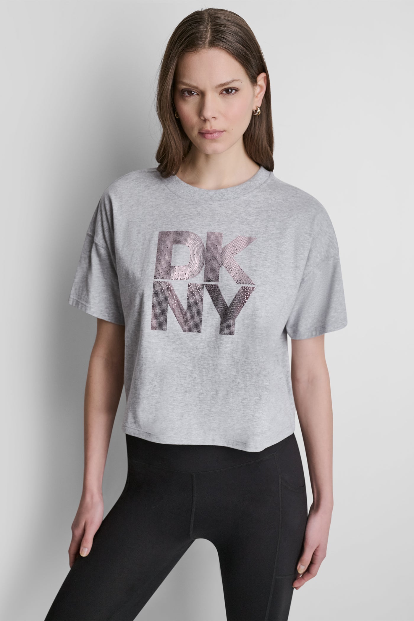 Pearl Grey Heather/Rose Beet STACKED OMBRE RHINESTONE LOGO TEE, FRONT VIEW | DKNY Promo