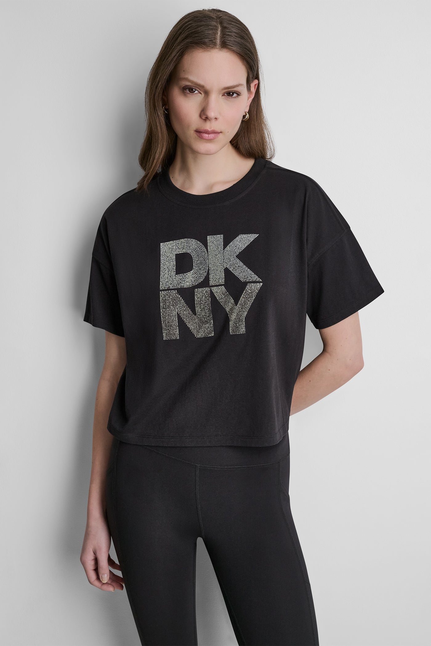 Black/Silver Gunmetal STACKED OMBRE RHINESTONE LOGO TEE, FRONT VIEW | DKNY Promo