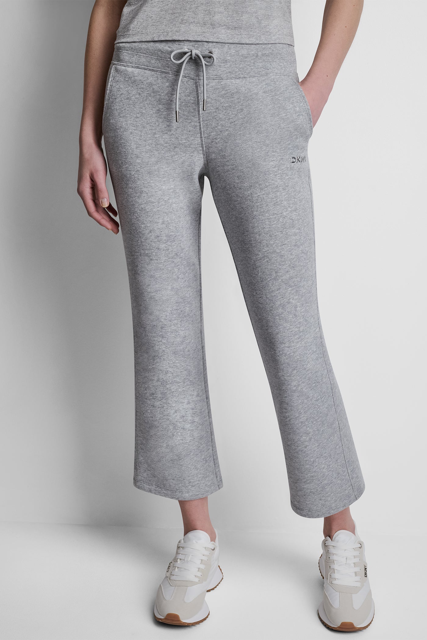Pearl Grey Heather METALLIC BUBBLE LOGO FLARE PANT, VIEW 2 | DKNY Promo