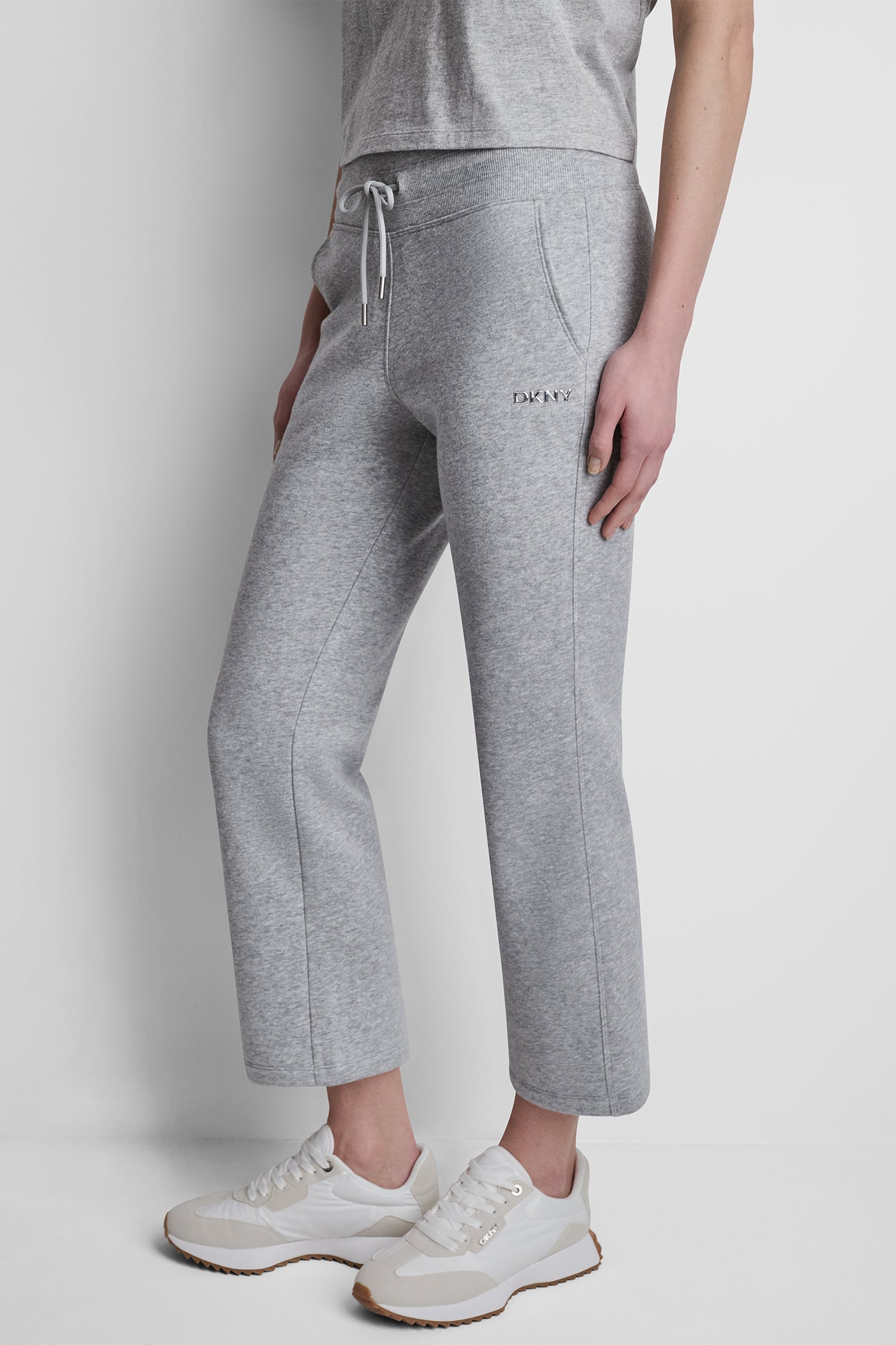 Pearl Grey Heather METALLIC BUBBLE LOGO FLARE PANT, VIEW 1 | DKNY Promo