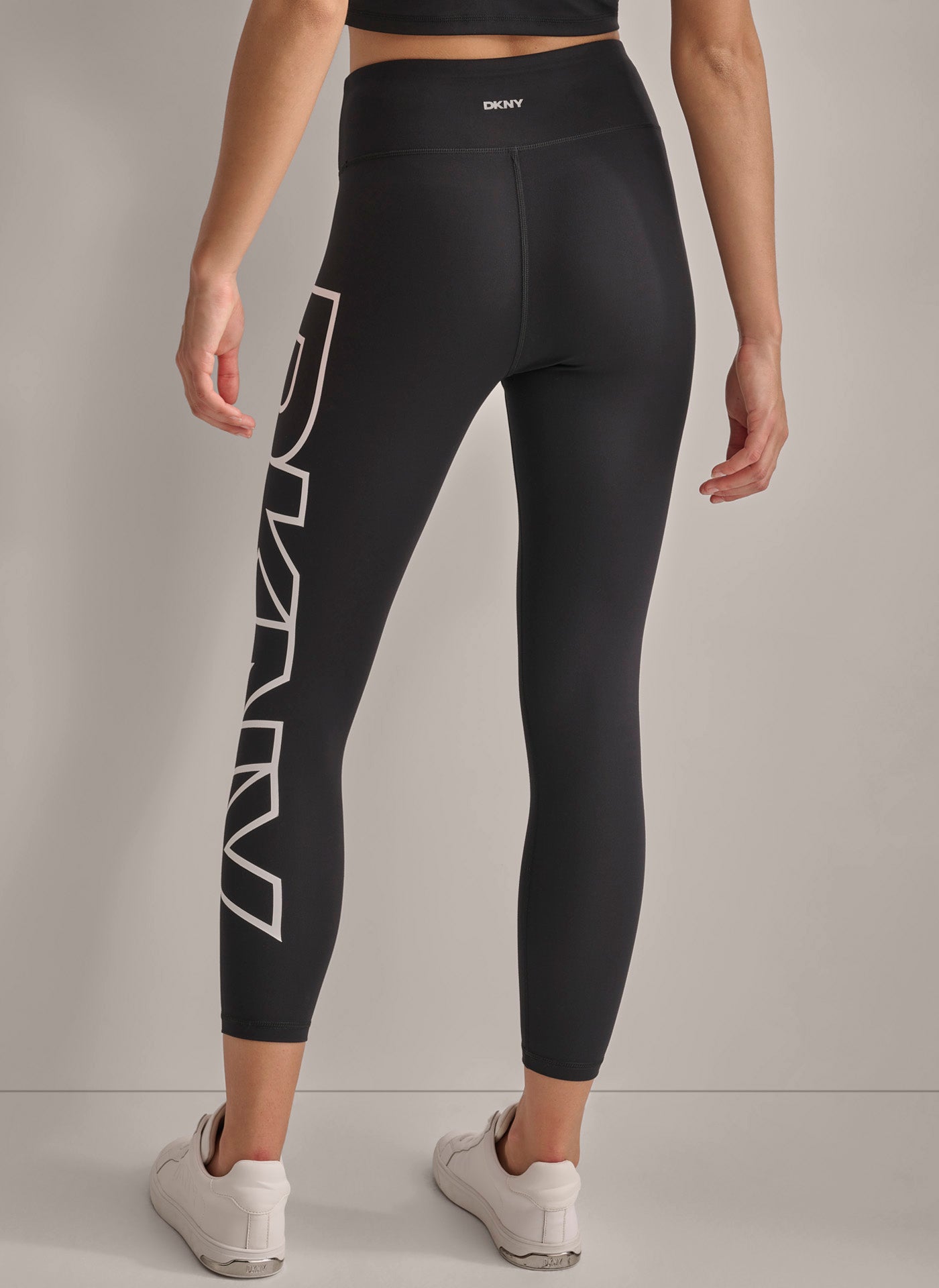 Black/White CROPPED MID-RISE LOGO COMPRESSION LEGGING, BACK VIEW | Not Clearance or Preorder