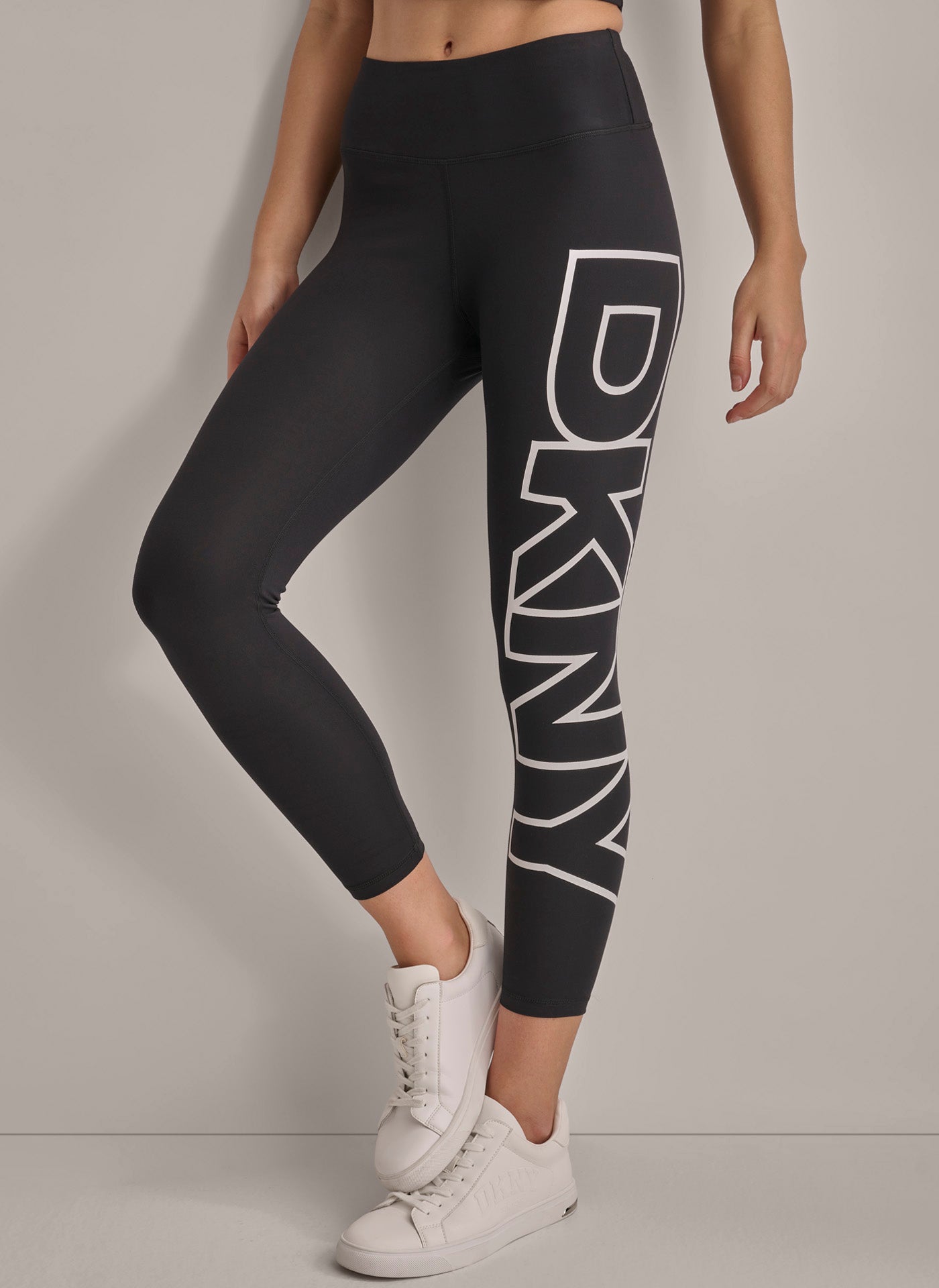 Black/White CROPPED MID-RISE LOGO COMPRESSION LEGGING, FRONT VIEW | Not Clearance or Preorder