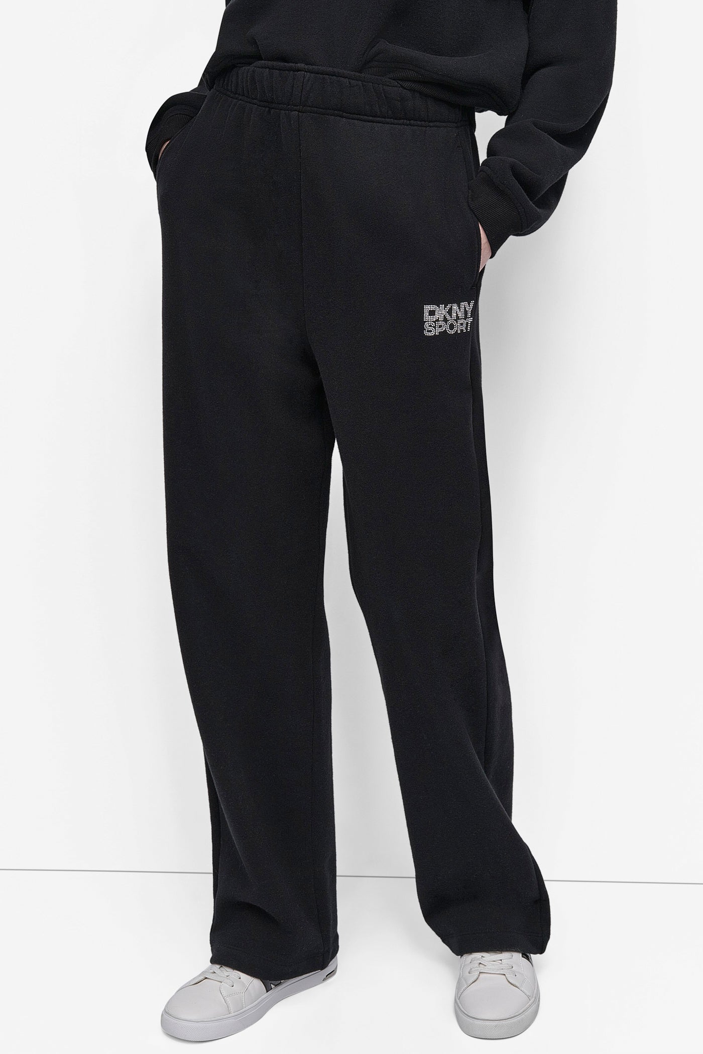 Black/Clear DKNY SPORT RHINESTONE LOGO SUPER HIGH RISE STRAIGHT, FRONT VIEW | Sport Essentials