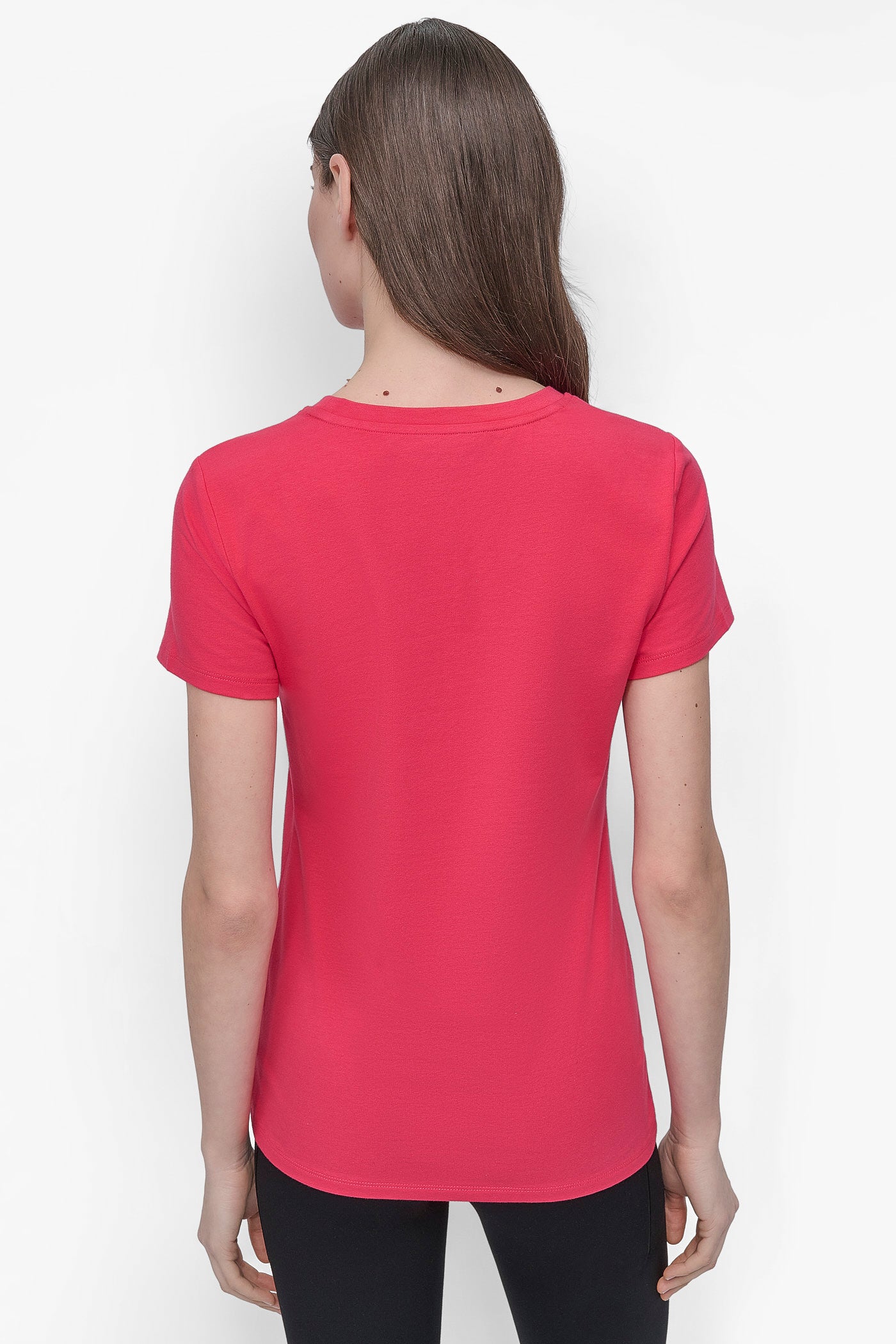 Azalea/Black DKNY SPORT RHINESTONE LOGO CREW NECK TEE, BACK VIEW | Tees & Tanks