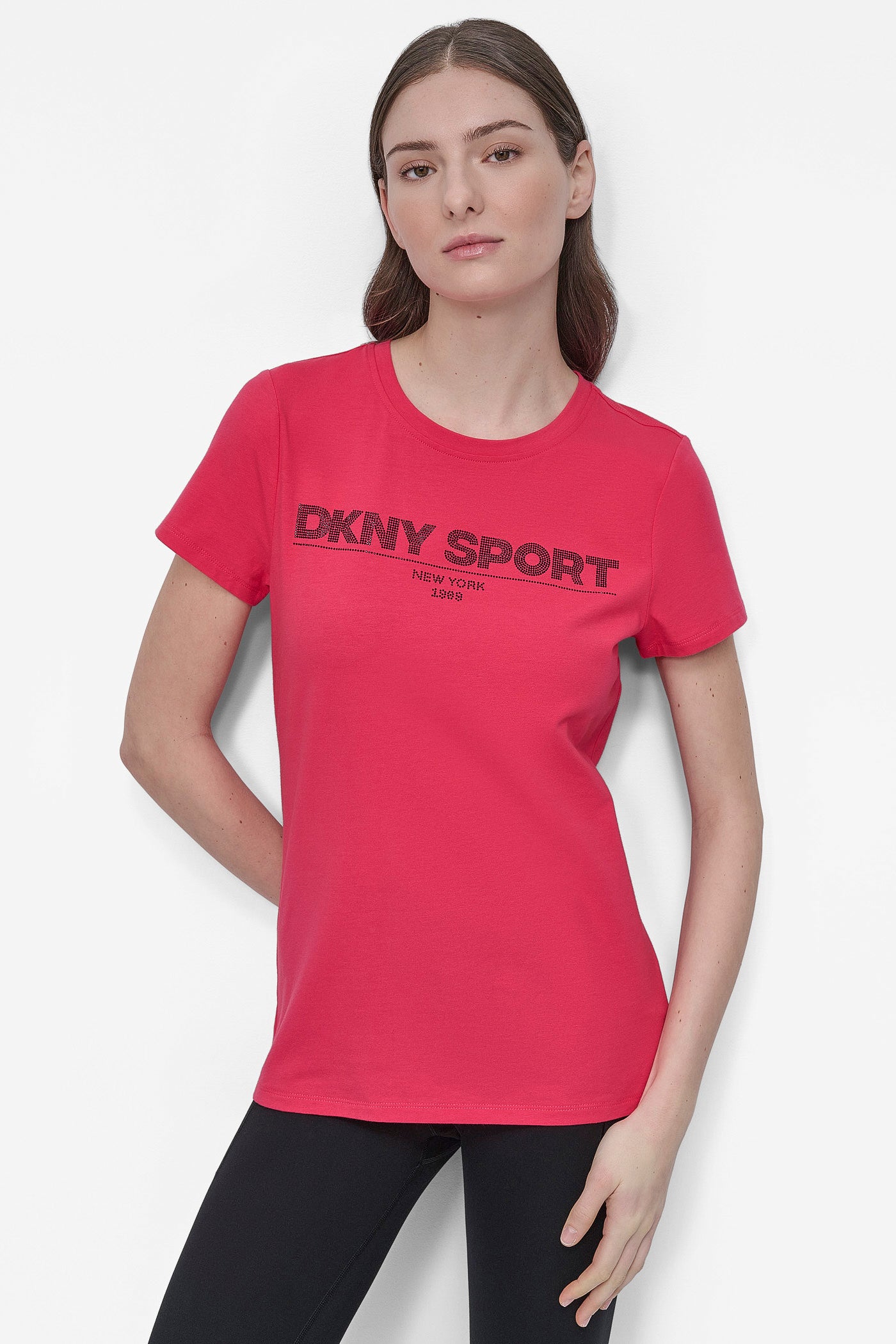 Azalea/Black DKNY SPORT RHINESTONE LOGO CREW NECK TEE, FRONT VIEW | Tees & Tanks