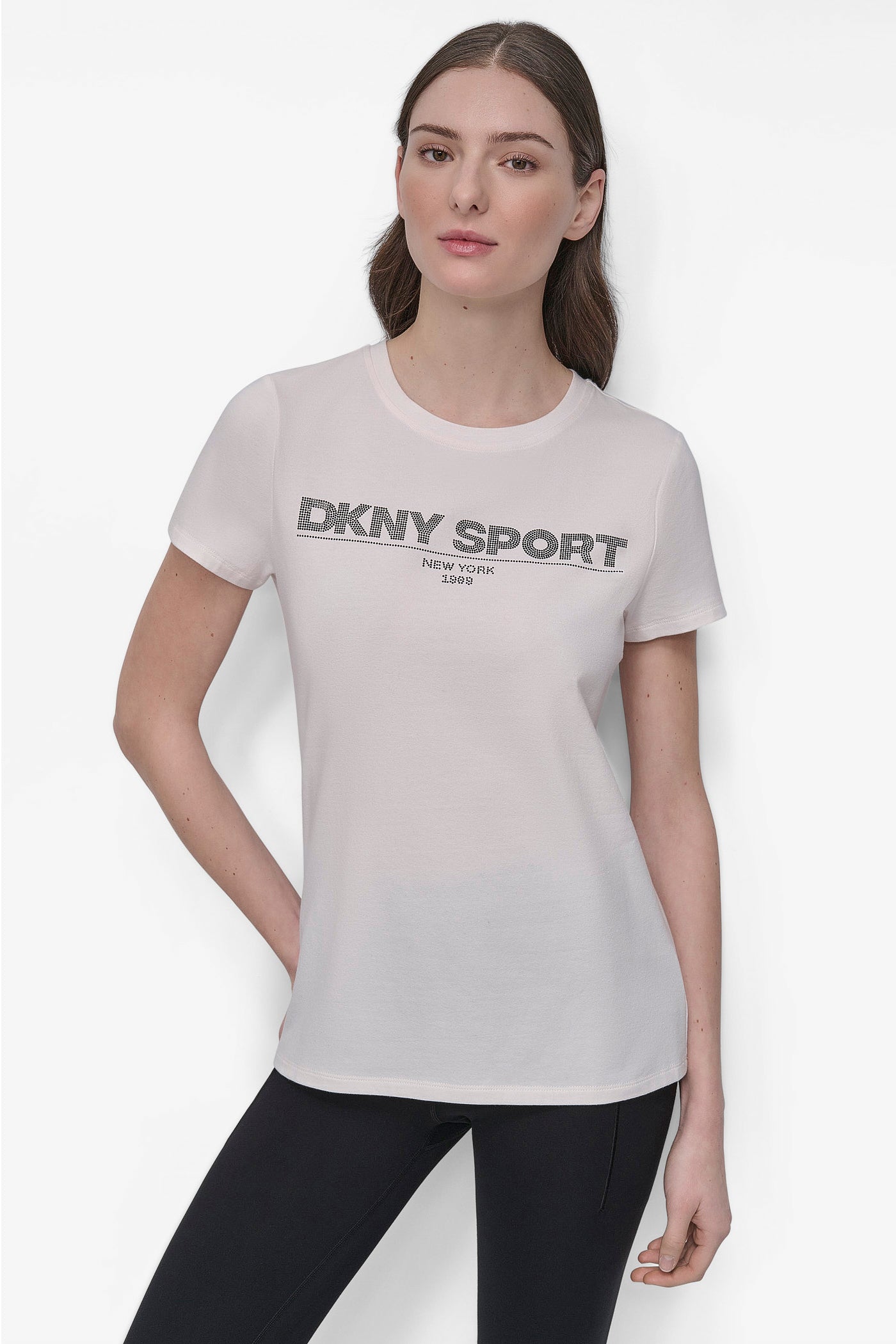 Ivory/Black DKNY SPORT RHINESTONE LOGO CREW NECK TEE, FRONT VIEW | Tees & Tanks