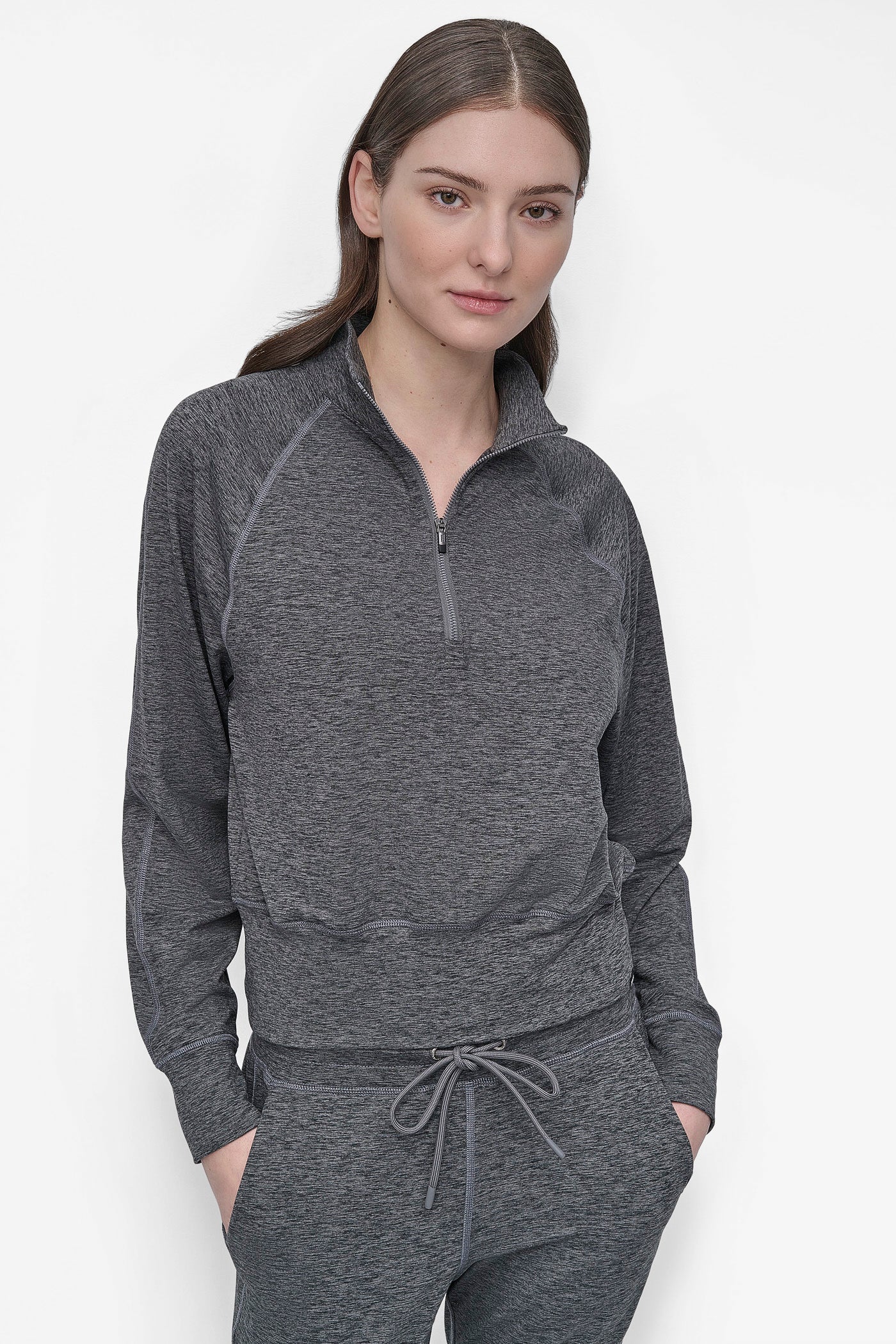 BLACK SPACEDYE HALF-ZIP SWEATER, FRONT VIEW | DKNY Sport